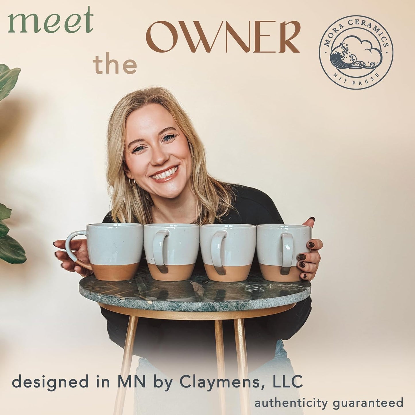 Mora Ceramic Large Latte Mug Set of 4, 16oz - Microwavable, Porcelain Coffee Cups With Big Handle - Modern, Boho, Unique Style For Any Kitchen. Microwave Safe Stoneware - Earl Grey