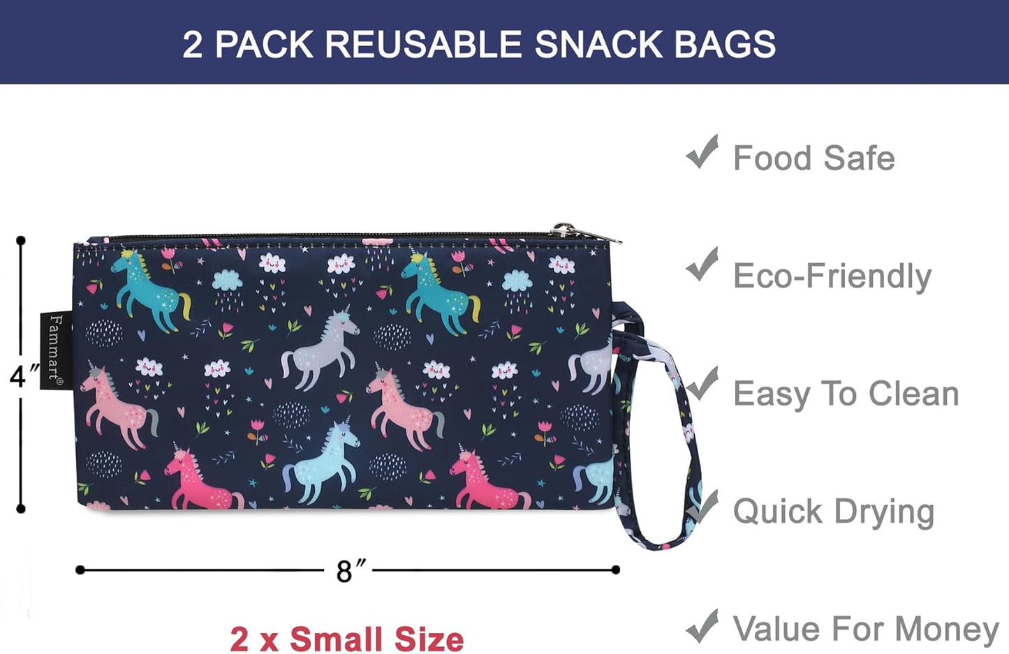 Reusable Sandwich Bag/Snack Bag for Kids & Adults, Dual Layer Lunch Bag with Handle, Washable, Food Safe, BPA Free (2-Pack, Colorful Unicorn)