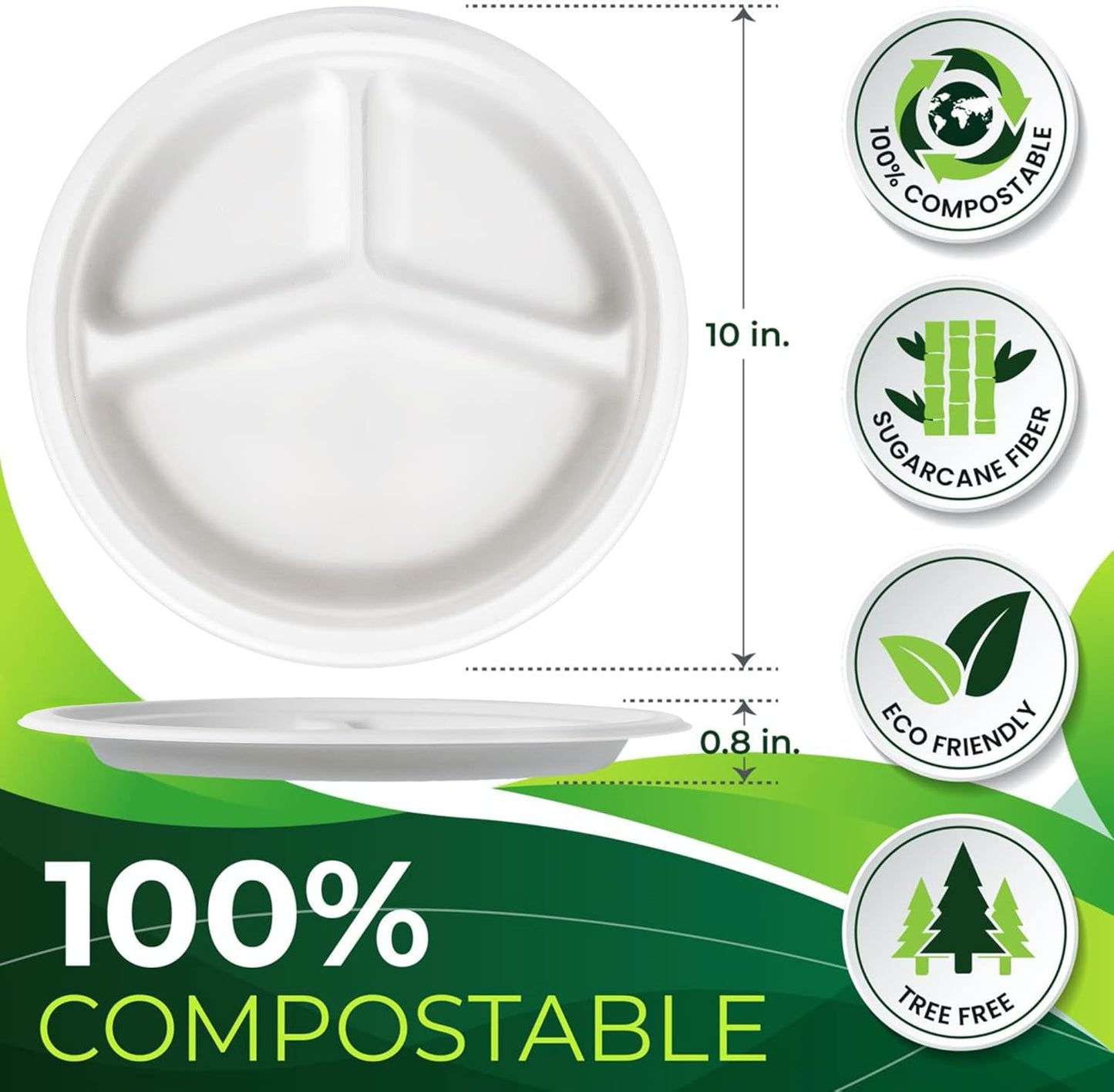 150-Piece 100% Compostable 10in Paper Plates, 3-Compartment Heavy Duty Disposable Eco-Friendly Biodegradable Sugarcane Fiber Plates
