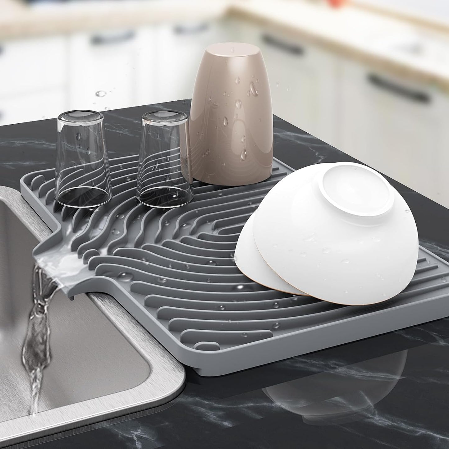 Kitchen Drying Mat, Raised Edge 18"×12"Silicone Dish Drying Mat with Drain Spout for Kitchen Counter, Kitchen Mat for Dishes Drying, (gray)