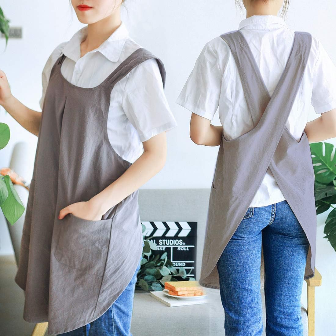 NEWGEM Japanese Linen Cross Back Cooking Aprons for Women Men with Pockets Cute for Baking Kitchen