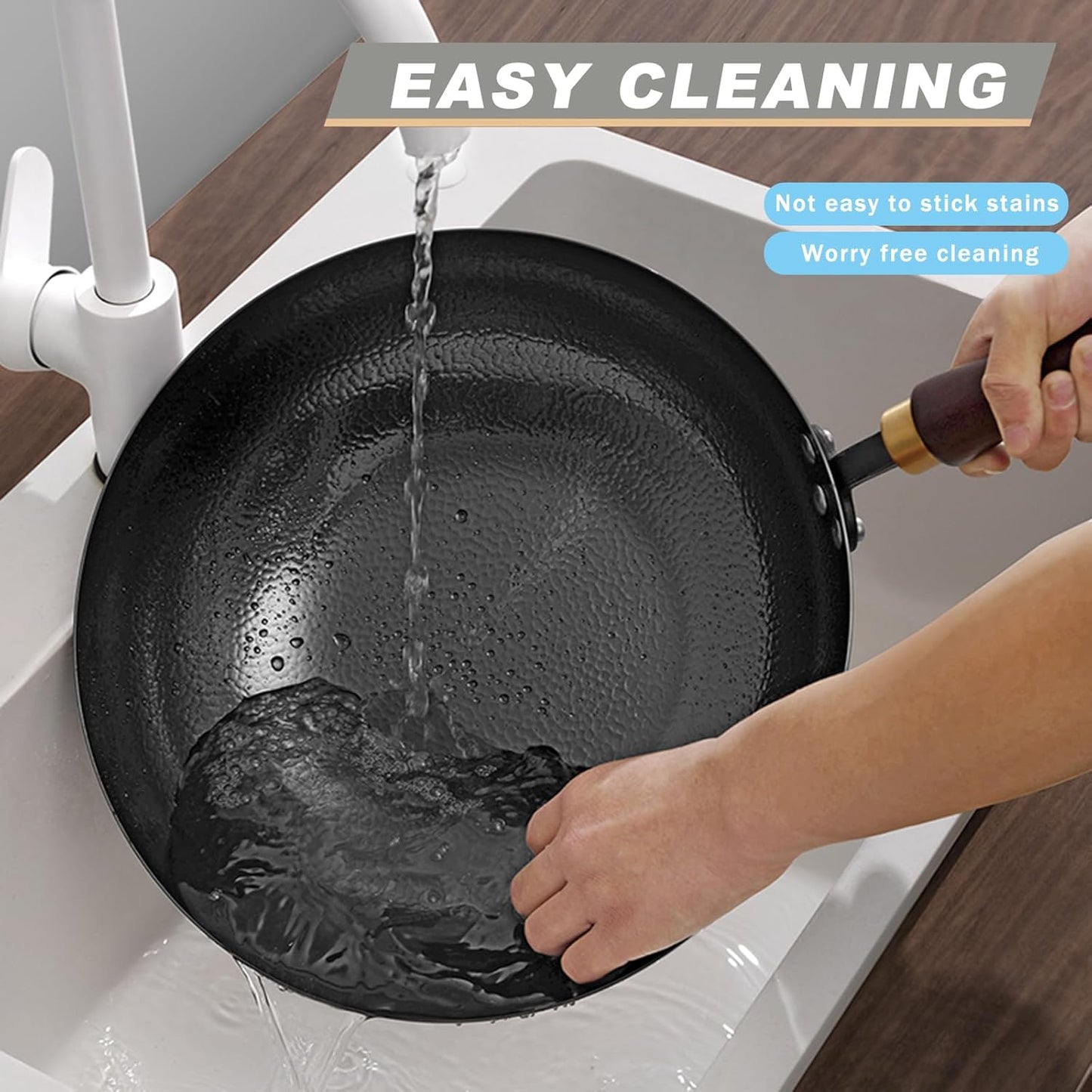 Carbon Steel Pan, 11.8″ Woks & Stir-Fry Pans with Wooden Lid Cookwares, Nonstick Wok, No Chemical Coated Round Bottom Hand Hammered Chinese Wok For Gas