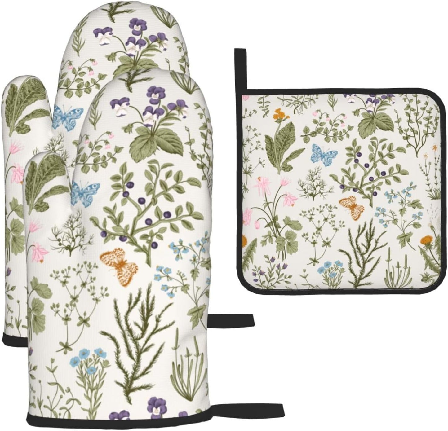 Vintage Floral Oven Mitts and Pot Holders Sets of 3 Cute Botanic Hot Pads Herbs and Wild Flowers Oven Gloves Heat Resistant Washable for Kitchen Cooking Grilling Baking