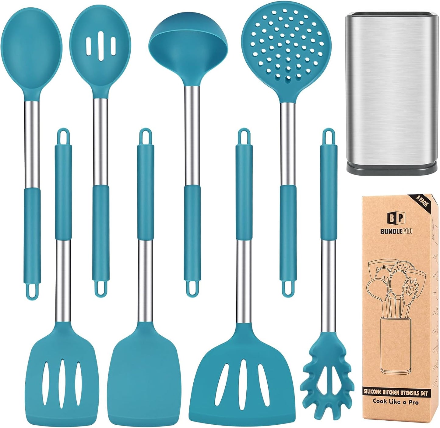 Silicone Cooking Utensil Set, 8Pcs Non-stick Cookware with Stainless Steel Handle, BPA Free Heat Resistant Kitchen Tools with Spatulas, Turners, Spoons, Skimmer and Pasta Fork