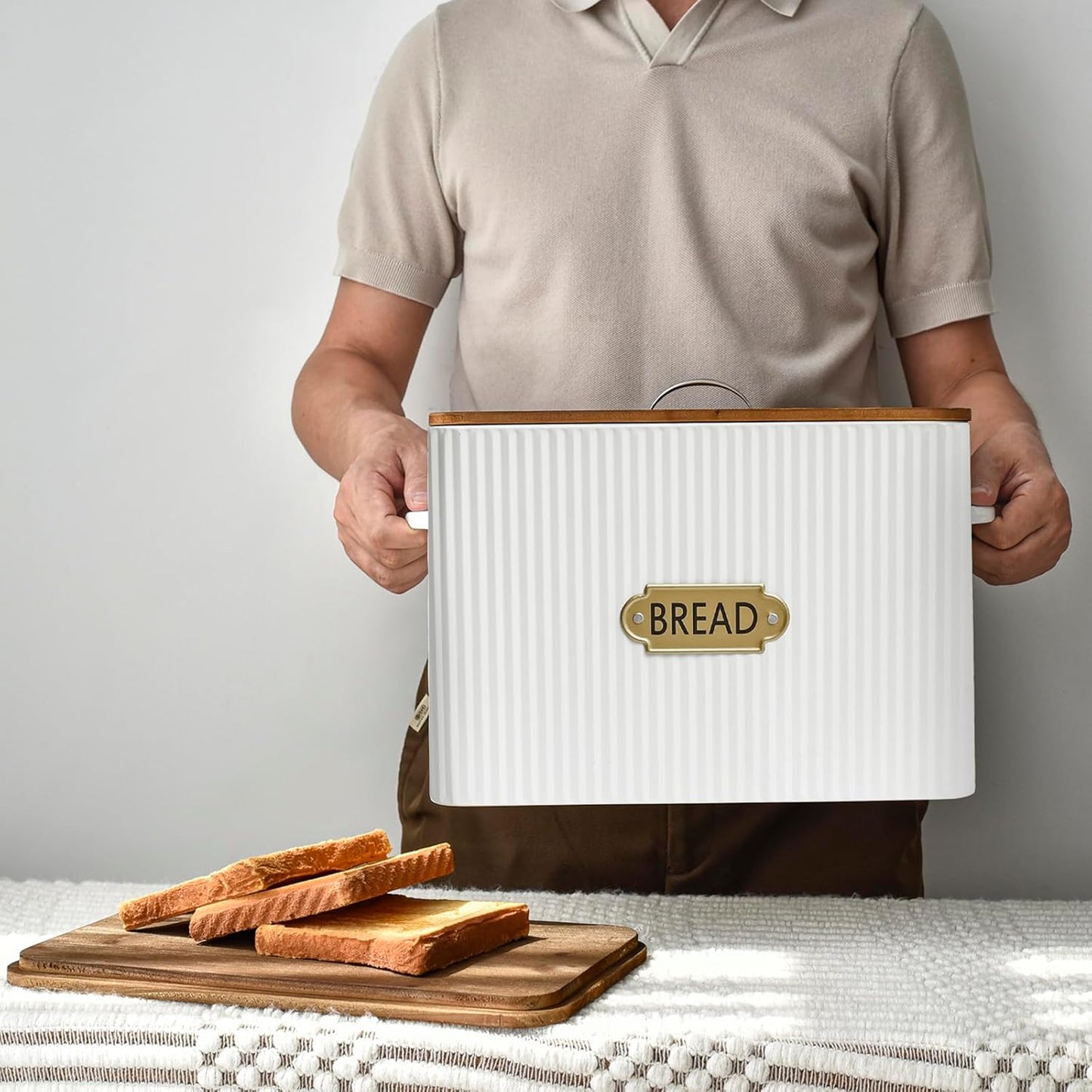 Vertical Stripes Extra Large Space Saving Farmhouse Bread Box with Wood Lid - Holds 2 Loaves - White Vertical Breadbox Bread Storage Bin Holder for Kitchen Countertop
