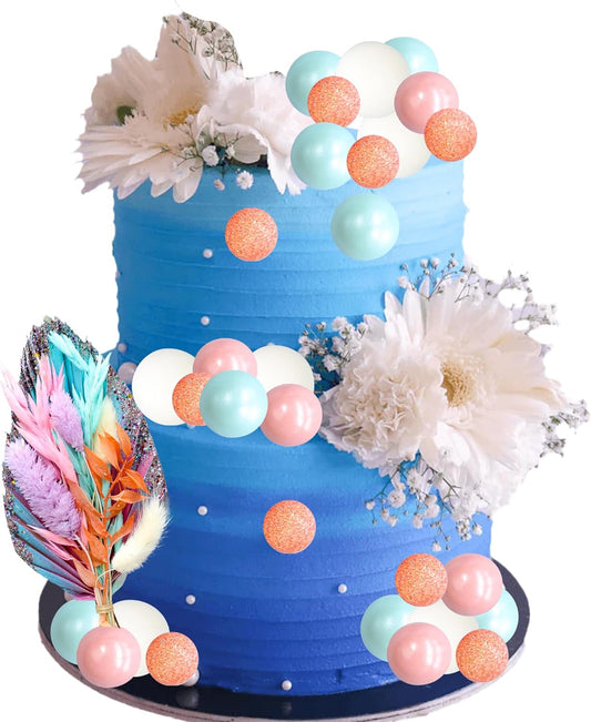 Gyufise 21 Pack Flower Boho Cake Topper Ball Cake Decorations Palm Leaves Plants Cake Decor for Girl Bohemian Princess Theme Wedding Baby Shower Birthday Party Supplies Pink Blue