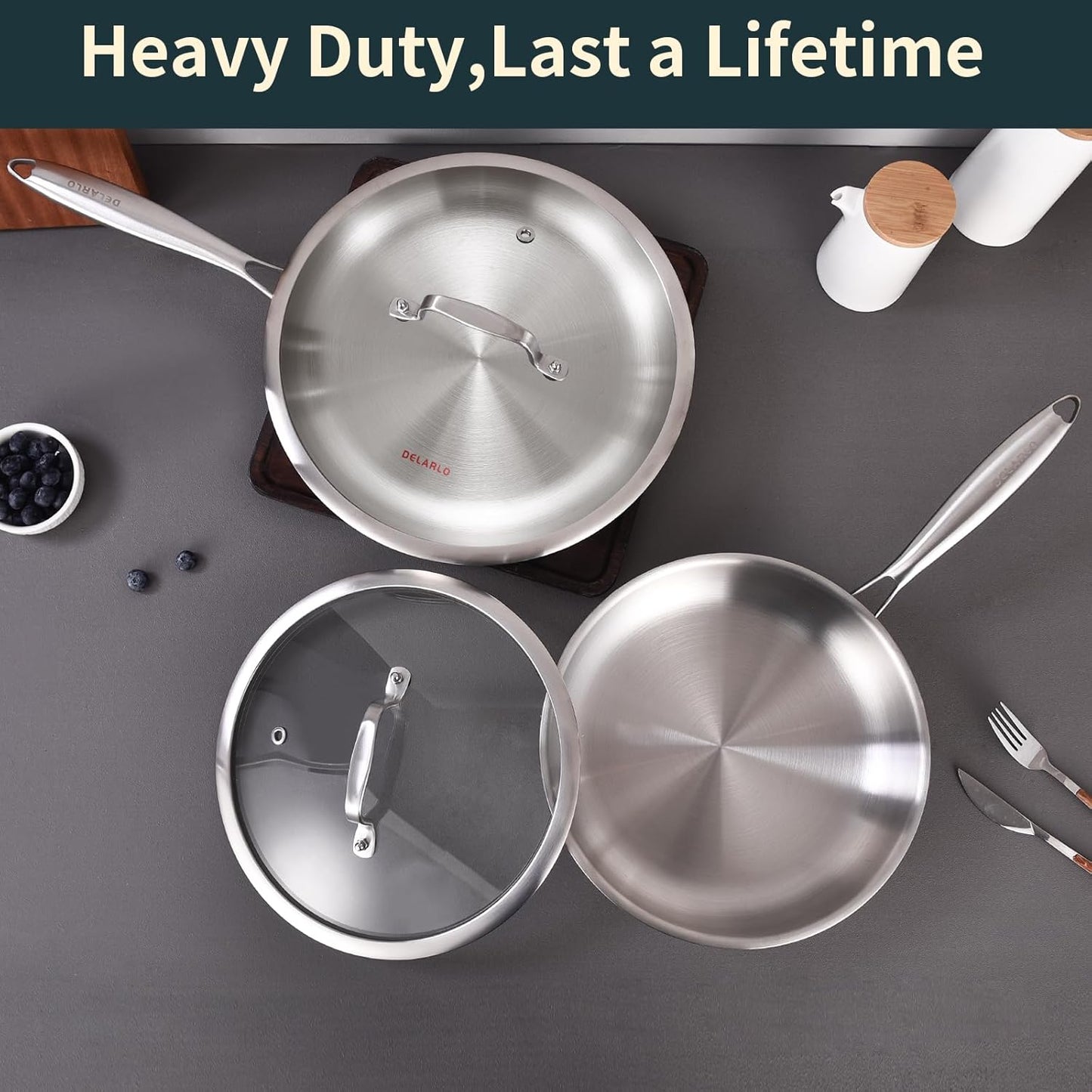 DELARLO Tri-ply Stainless Steel Frying Pan Set with Lid 8" 10" Induction large Skillets Chef's Pan,Pots and Pans Set Kitchen Cookware Set Suitable for All Stove