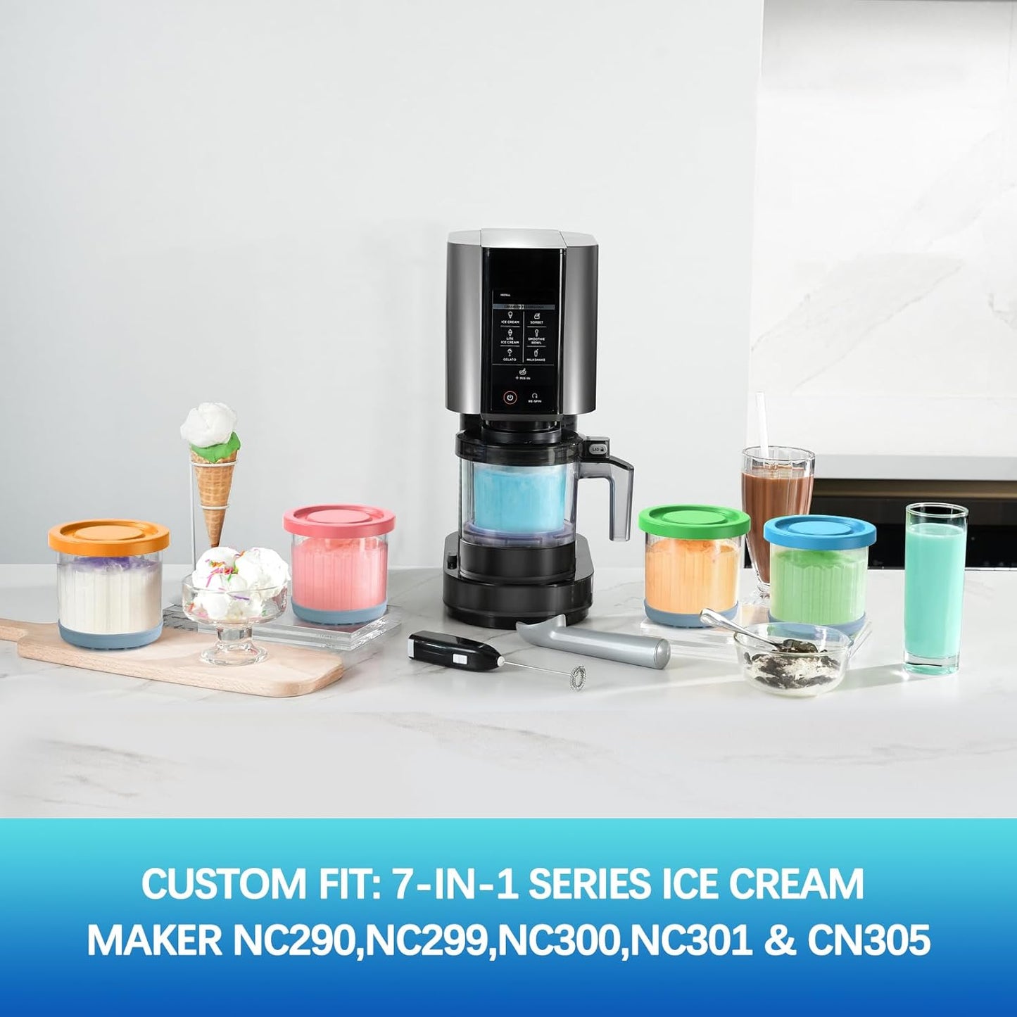 for Ninja Creami Pints and Lids - 4 Pack,16OZ Compatible with NC299AMZ & NC300s Series Ice Cream Makers, Extra Cups Replacement for Ninja Creamy Containers Airtight Anti-slip Dishwasher Safe