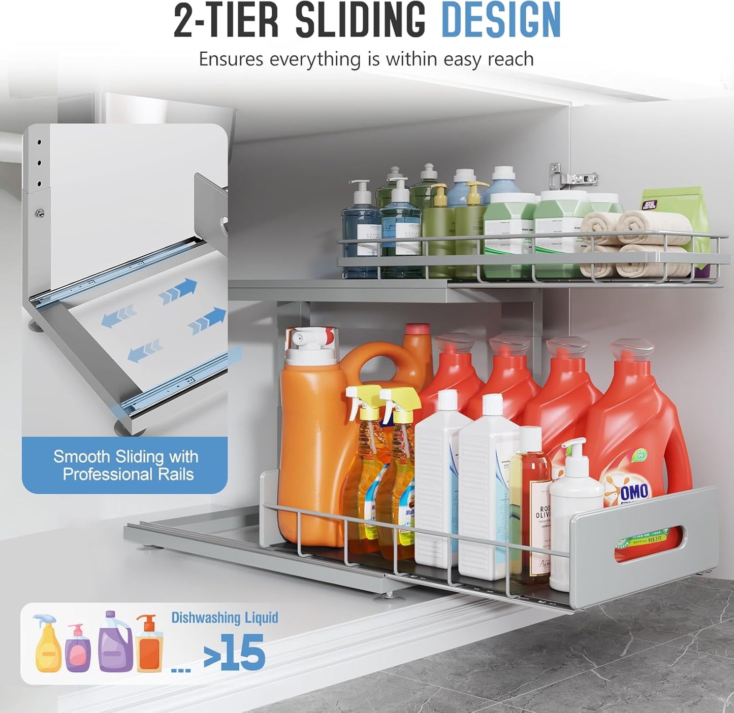2 Pack 18 IN Depth Under Sink Organizer with Smooth Ball Bearing Slides,2-Tier Pull Out Cabinet Storage,Slide Out Drawers for Bathroom&Kitchen,Rust-resistant Coating,Height Adjustable-Gun Gray