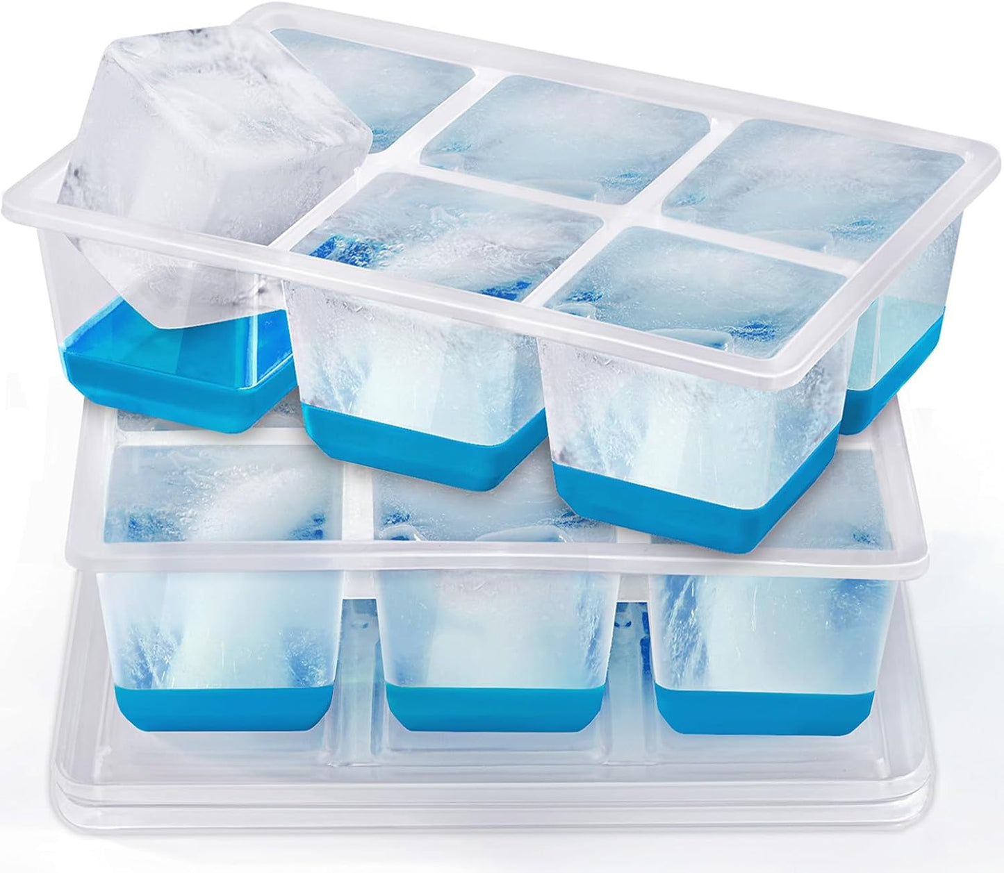 Ice Cube Trays 2 Pack, JRISBO Large Silicone Ice Cube Molds with Leak-Proof Lid, Transparent TPE Frame & Easy Release Bottom, Stackable Freezer Ice Trays for Whiskey, Cocktails, Soup, BPA Free