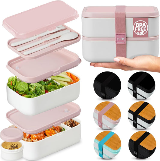 Double Premium Bento Box Adult, 67 fl oz BPA-Free - Dusty Pink Stackable Lunch Box with Leak-Proof Lids & Dividers, Perfect for Meal Prep, Lunches & Portion Control