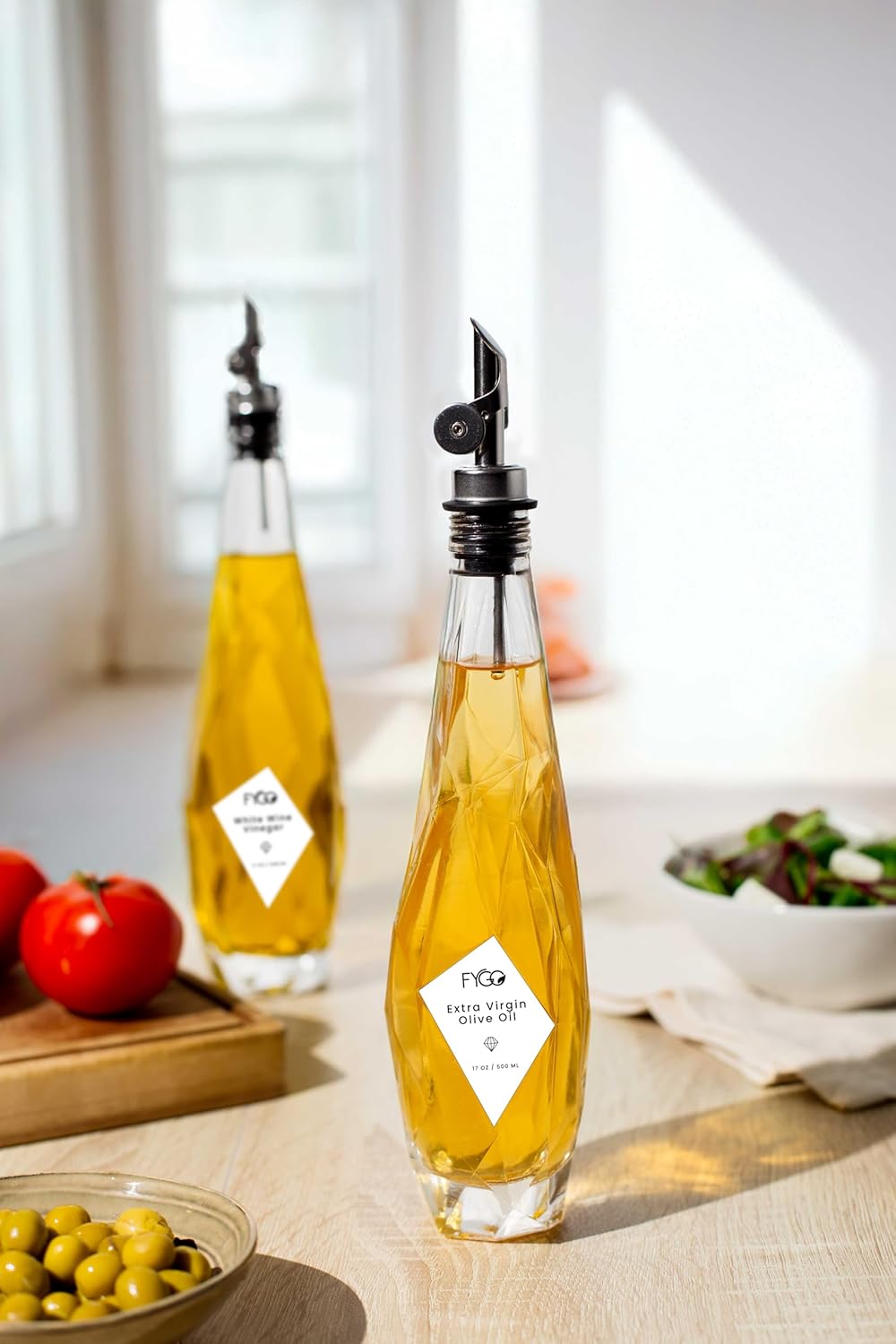 FYGO Diamond Lux Olive Oil Bottle Dispenser - Olive Oil Container- Oil and Vinegar Dispenser Set with Pourer and Funnel - Glass Dispenser Bottle for Kitchen - 500ml - Set of 2