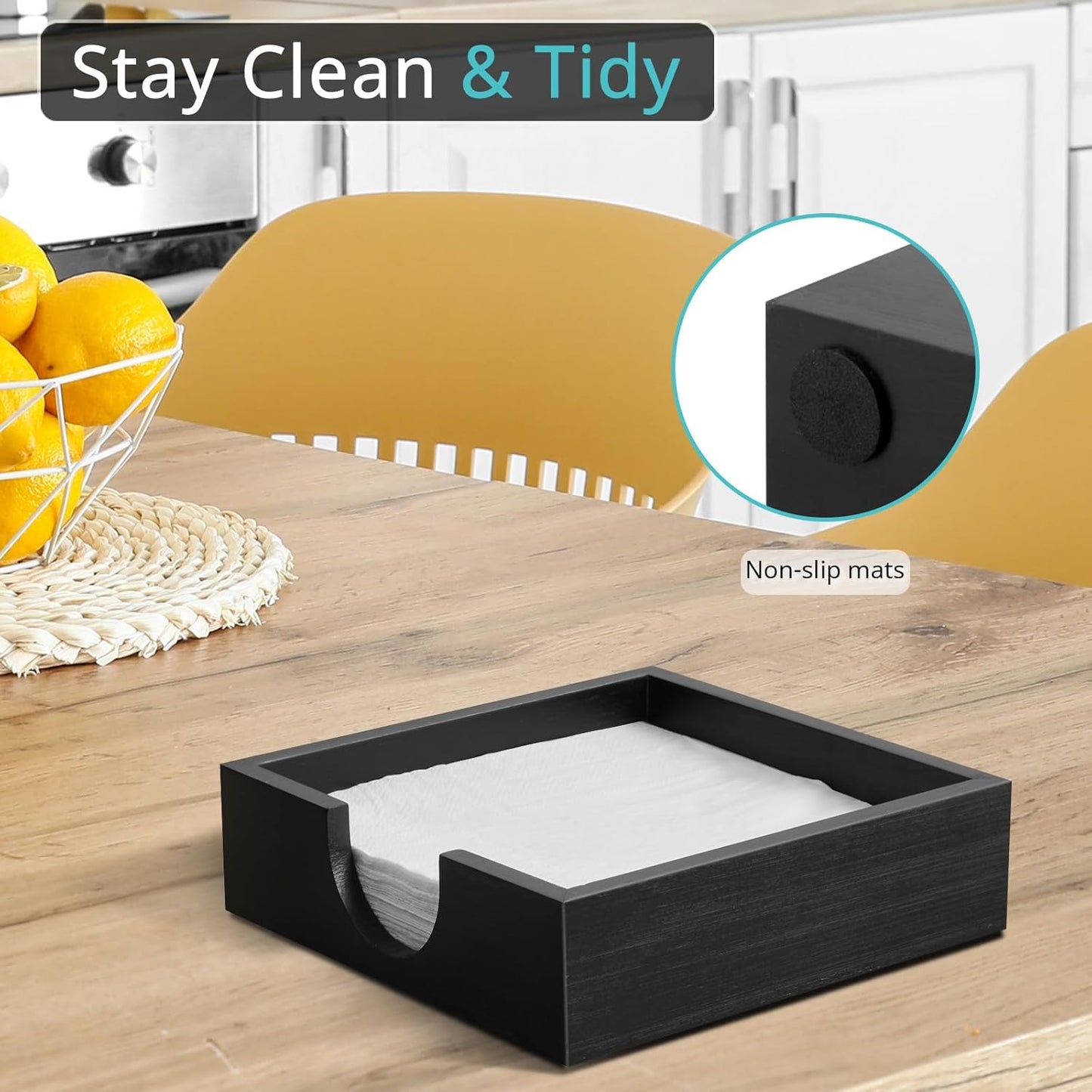 Napkin Holder for Table, Wooden Napkins Holders For Paper Napkins, Flat Napkin Holder for Luncheon, Napkin Holders for Kitchen Dinner Table Decor, Napkin Dispenser for Indoor & Outdoor Use, Black