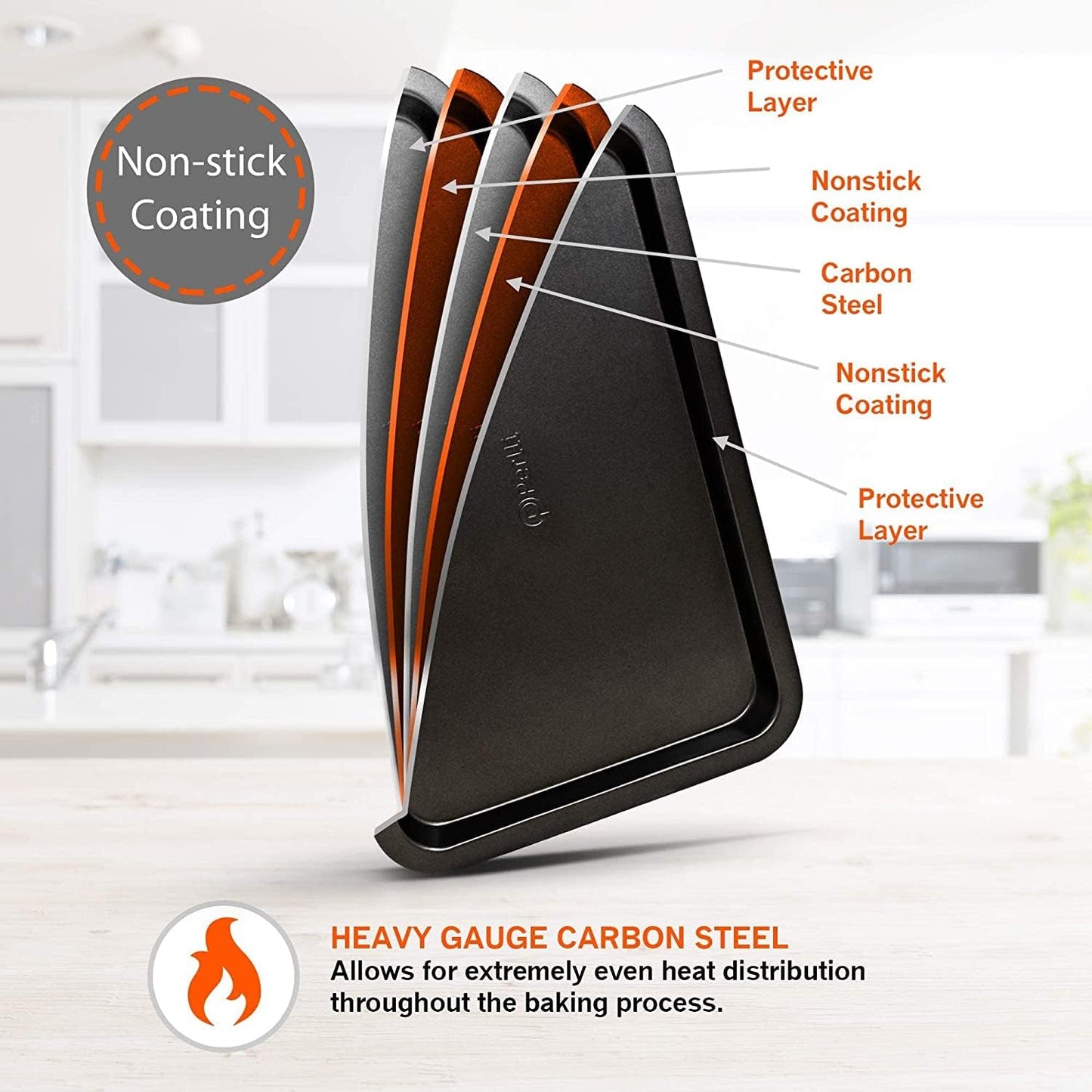 Perlli Baking Pan 8 Piece Set Nonstick Carbon Steel Gray Oven Safe Bakeware Kitchen Set, Cookie Sheet, 2 Round Cake Pans, Square Pan, Loaf Pan, Deep Dish Pan, Pizza Crisper, & 12 Cup Muffin Pan