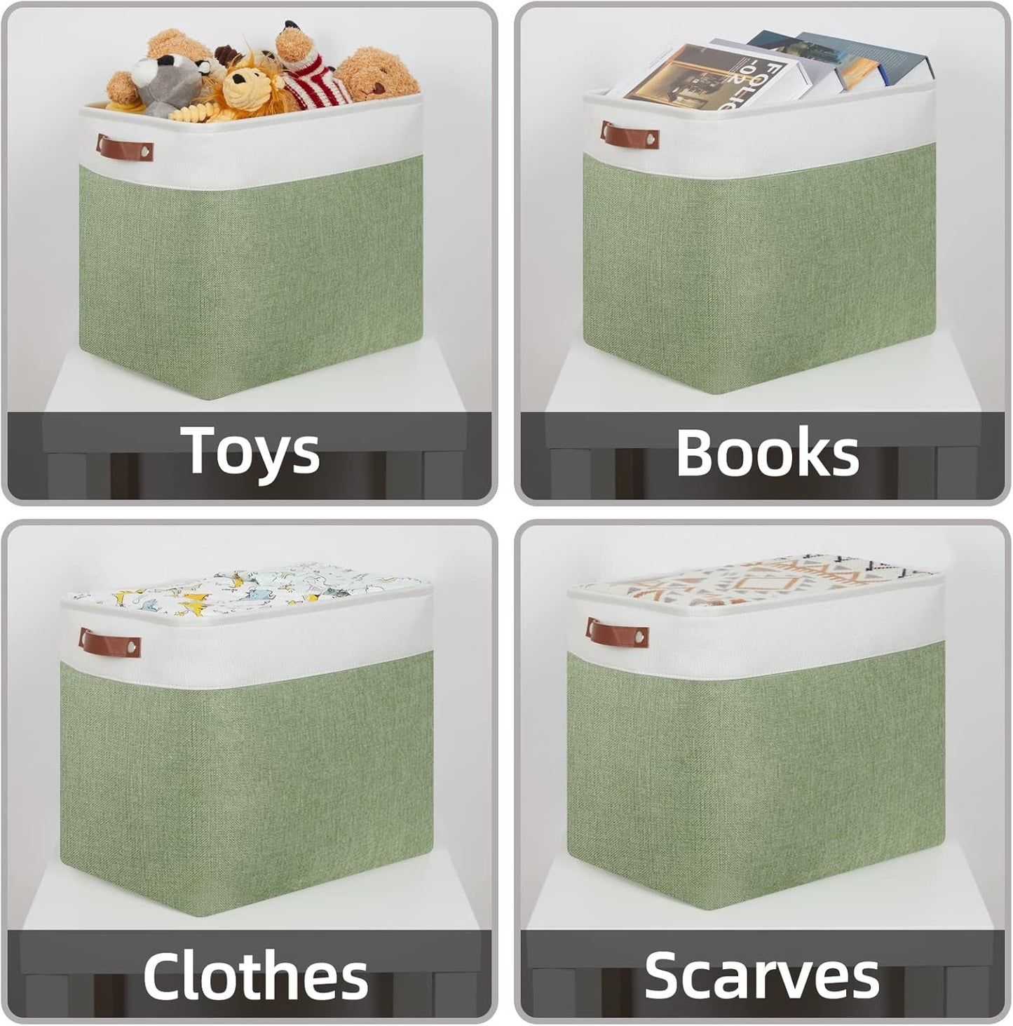 HNZIGE Shelf Storage Baskets for Clothes, Large Storage Bins Fabric Baskets for Organizing, Foldable Rectangular Decorative Storage Bins for Home Closet(White Green), 17" x 12" x 15"