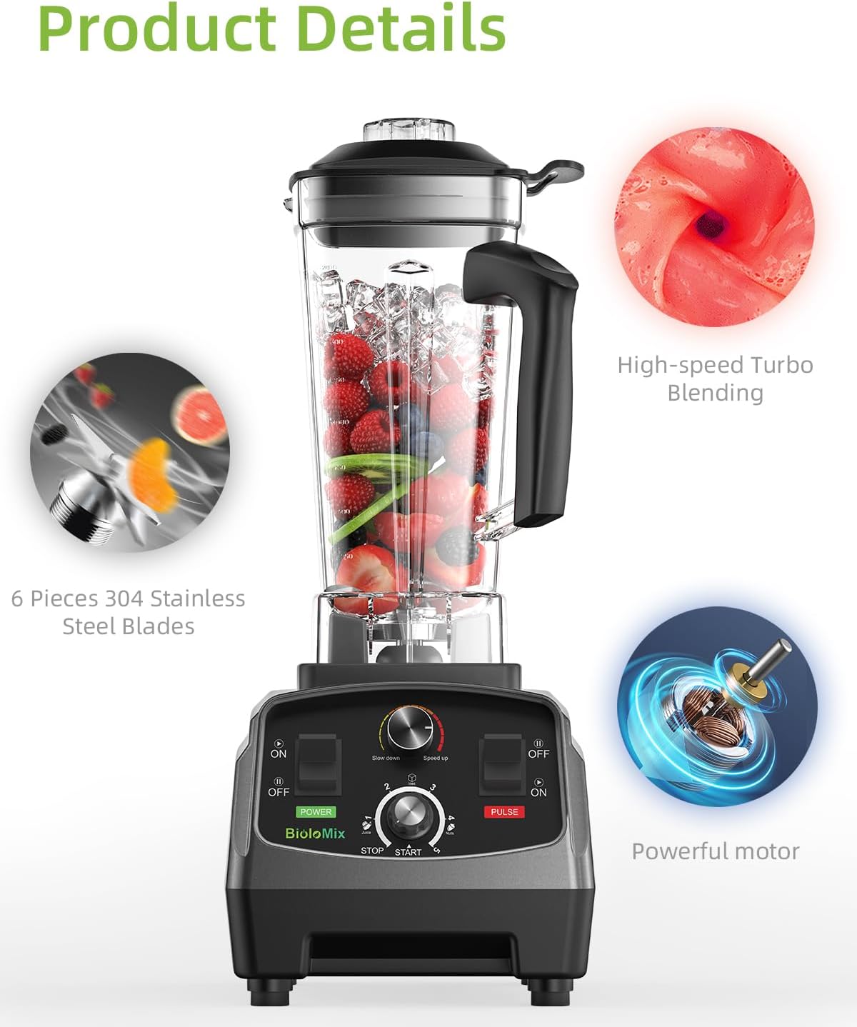 BioloMix Professional Blender,Smoothie Blender,Blender for Kitchen with 2200 Watt Motor,68 Oz Large Capacity, High Speed Blender for Shakes, Smoothies, Ice Crushing, Frozen Fruits (with Extra Parts)