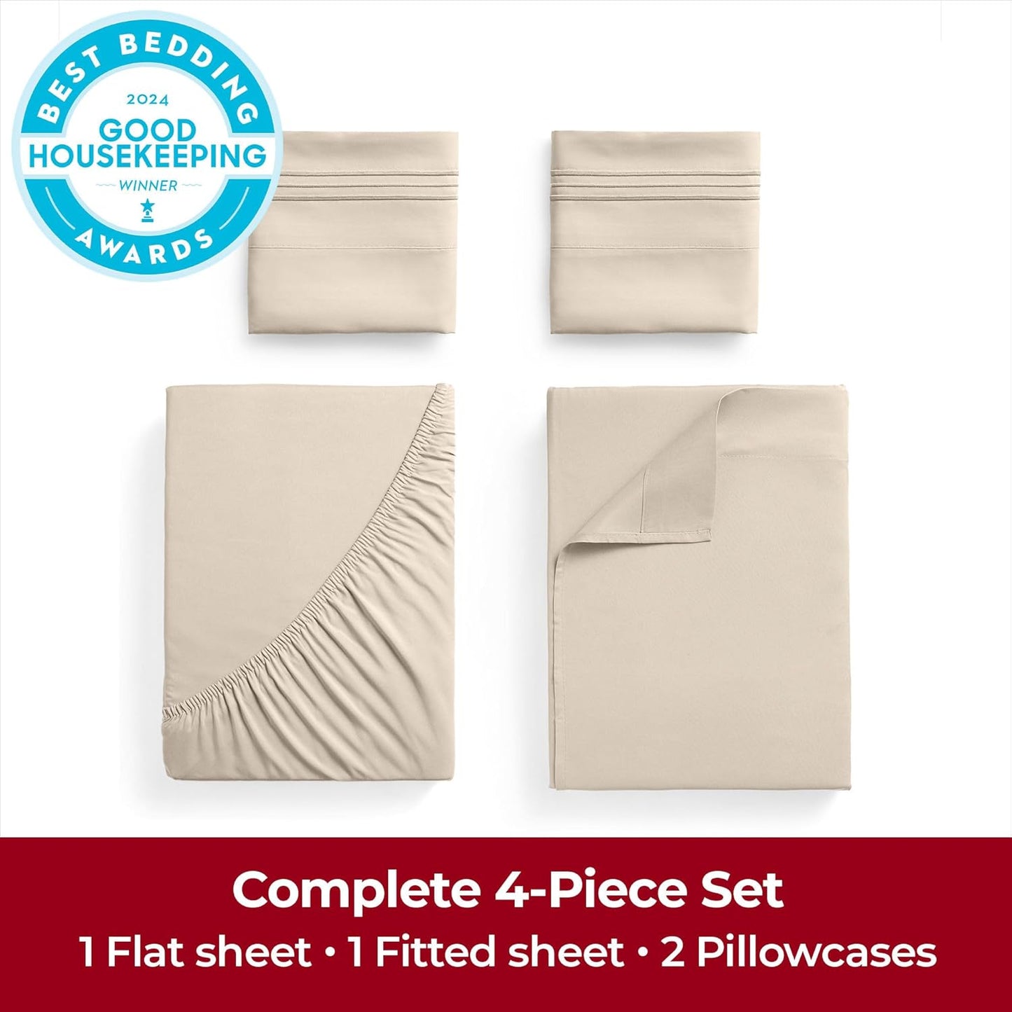 Mellanni Extra Deep California King Sheets - 4 PC Iconic Collection Bedding - Hotel Luxury, Ultra Soft, Cooling Bed Sheets - Wrinkle, Fade, Stain Resistant (Cal King, Beige)