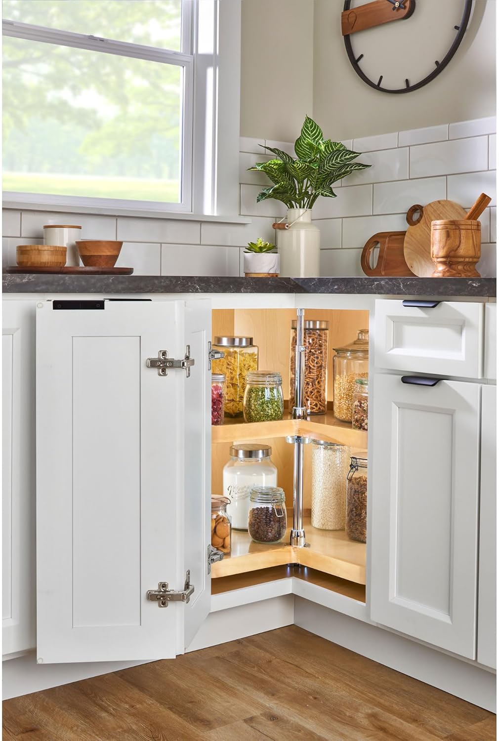 Rev-A-Shelf Dual Shelves Kidney-Shape 24" Lazy Susan Organizer for Lower Corner & Base Kitchen Cabinets, Turntable Home Storage, Wooden, 4WLS472-24-52