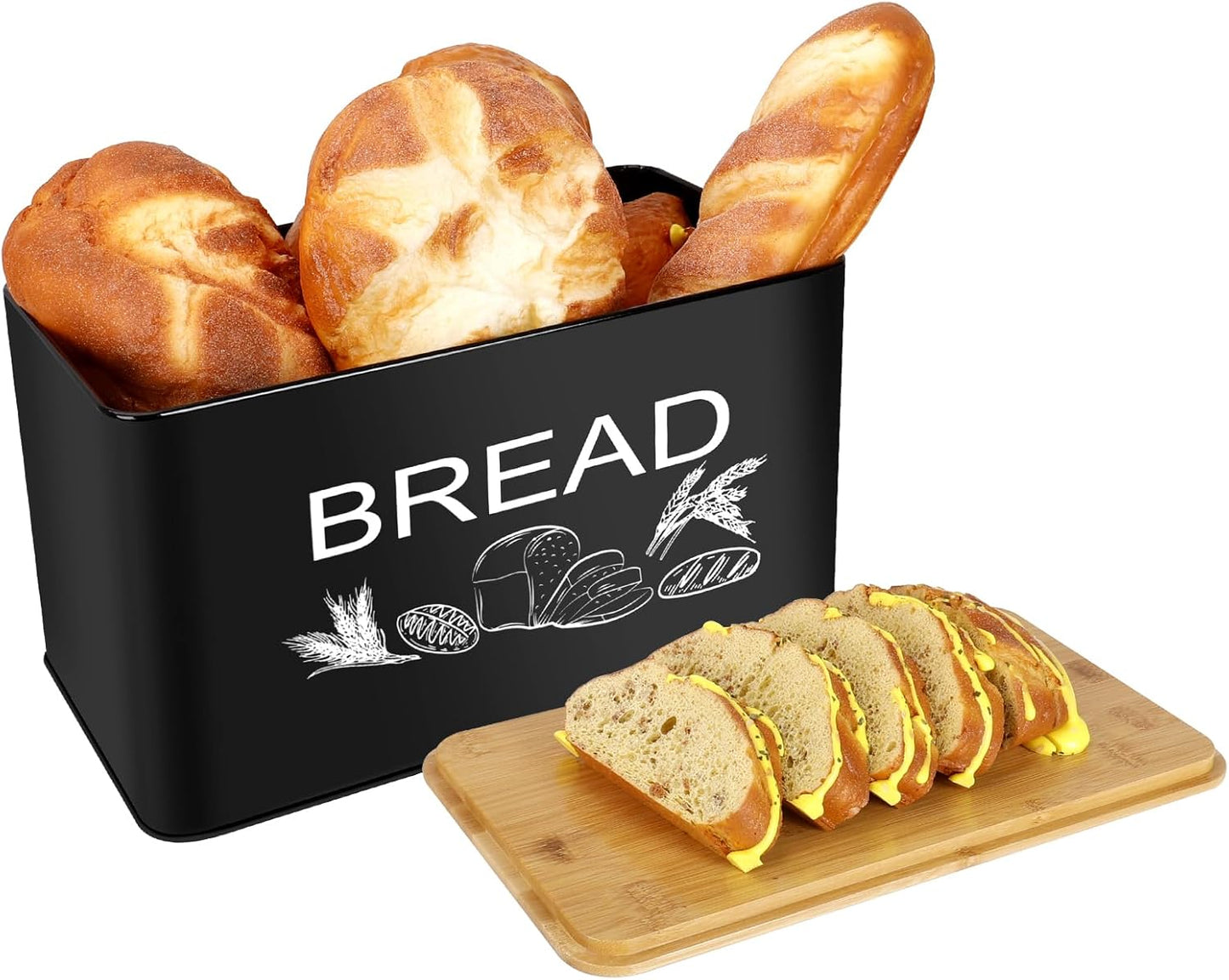 JIGUOOR Black Bread Box, Extra Large Space Saving Vertical Metal Bread Box with Wooden Cutting Board Lid, Holds 3 Loaves, Farmhouse Kitchen Bread Storage, Kitchen Parts Box 12.99" x 7.08" x 7.08"
