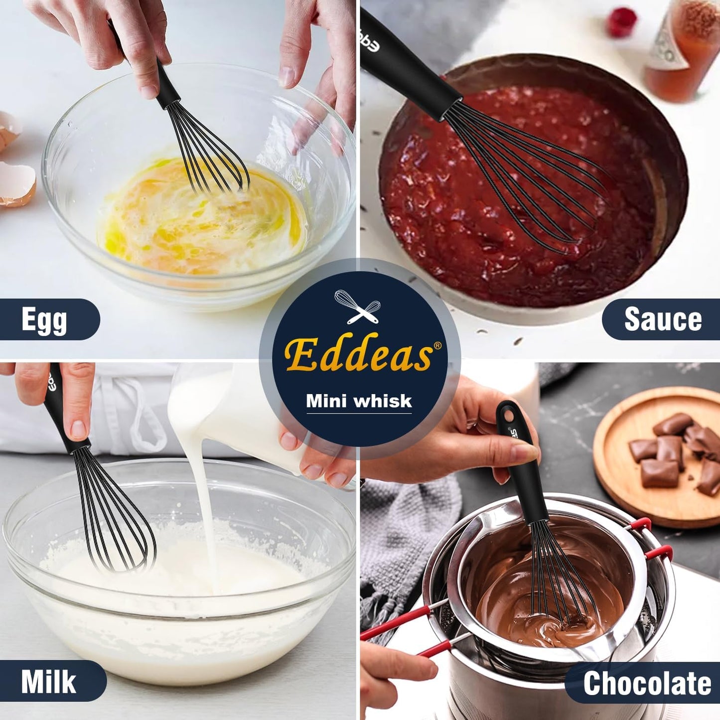 Silicone Mini Whisk, Small whisks Non-Stick Tiny Whisks set of 2（5.5in & 7.5in）-Heat Resistant (450°F) Whisks, Balloon Egg Beater Perfect for Whisking, Beating, Mixing, Blending, Black