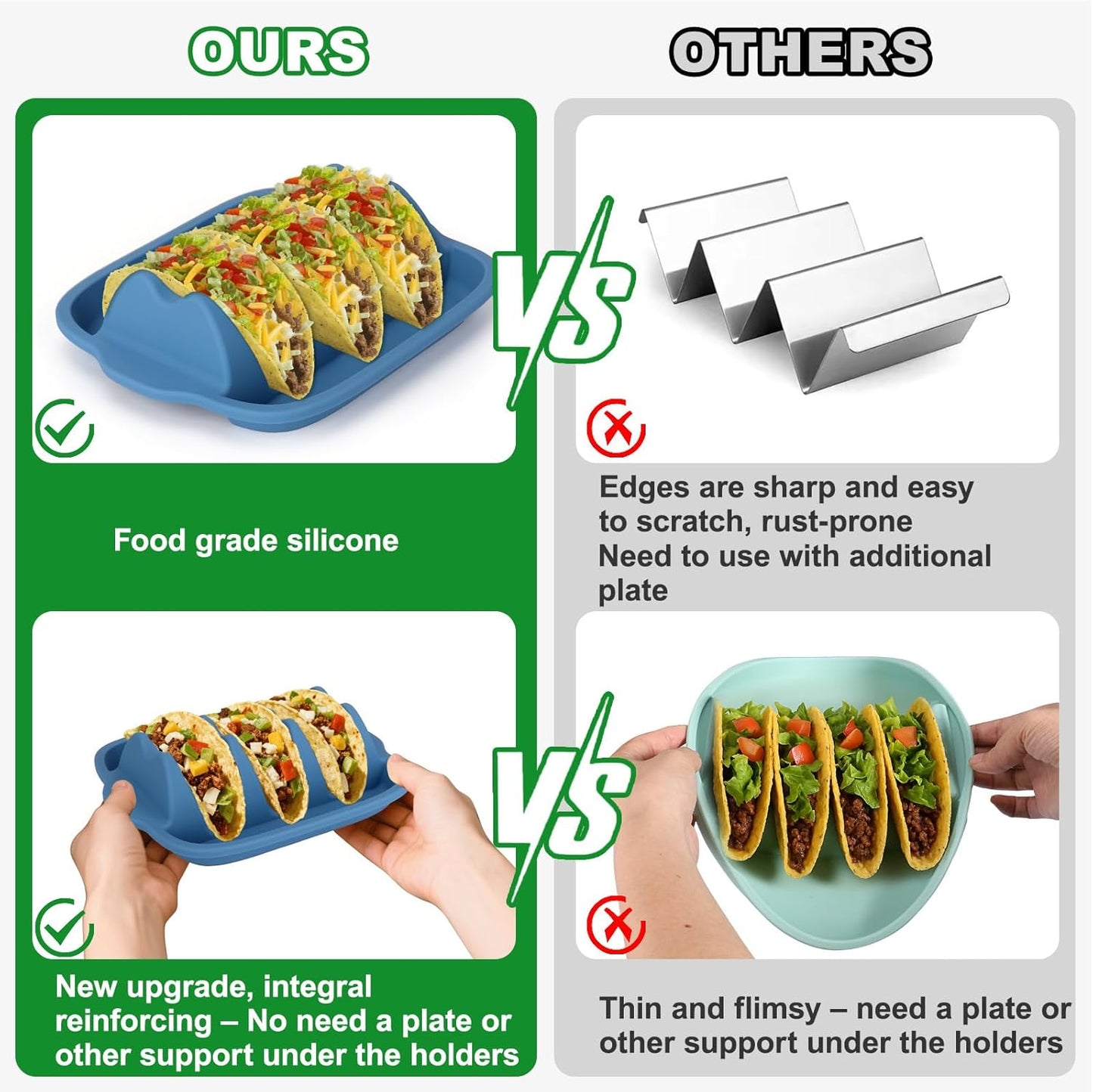 Juome Upgraded Silicone Taco Holder 4 Packs - Reusable Taco Plates with Dividers, Taco Rack Holders Stand for Hard/Soft Taco Shell Holder, Taco Party Serving Tray Plates, Dishwasher & Microwave Safe