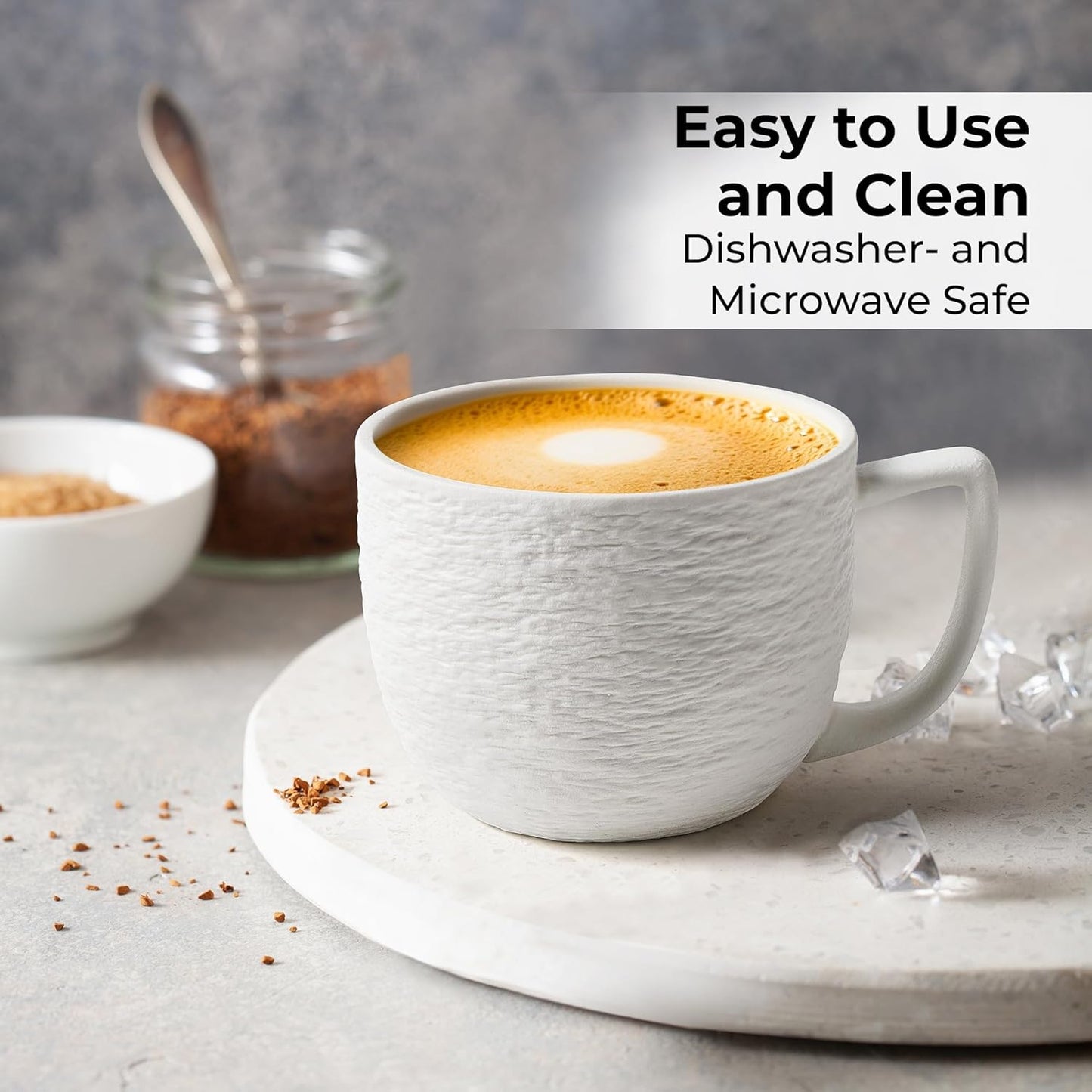 MIAMIO - Coffee Mug Set of 4 x 450 ml Cups/White Mugs Ceramic with Embossed Rock Texture for Coffee, Latte, Tea - Oasis Collection