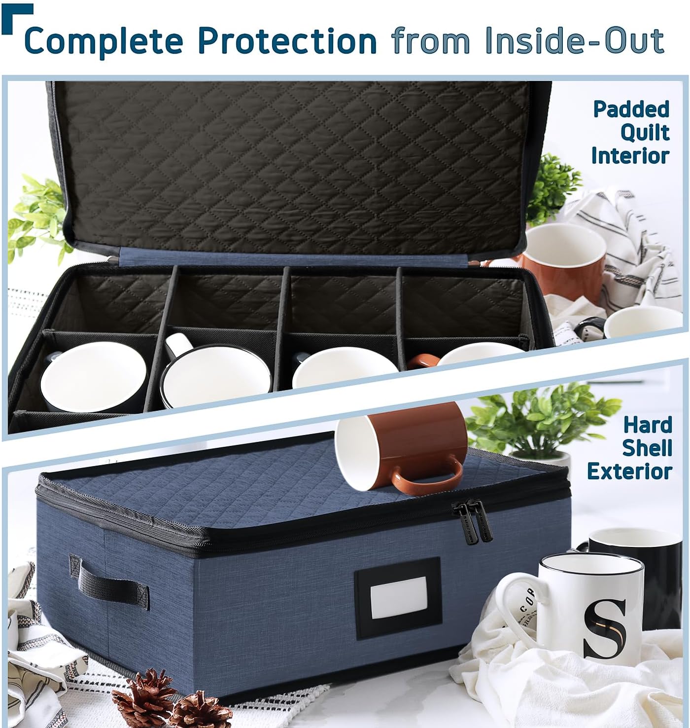 Hearth & Harbor Coffee Mug Storage, Quilted and Stackable Coffee Cup Storage Organizer for Service of 12, Mug Storage Box with Dividers, China Containers Hard Shell for Moving and Organization, Blue