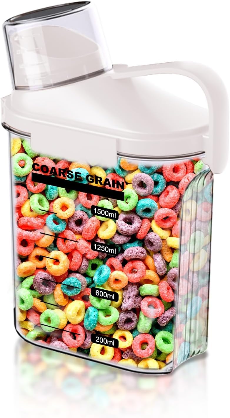 1 PCS Airtight Dry Food Container, Clear BPA-Free Plastic Cereal Containers Storage for Kitchen Pantry, Rice Cereal Flour Holder with Pouring Spout Measuring Cup, White, 51fl.oz/1.5L