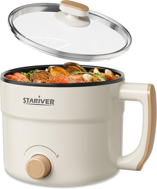 Stariver 1.5L Electric Hot Pot with Dual Power - Mini Portable Non-Stick Noodle Cooker for Ramen, Soup, Pasta, Egg, Oatmeal - Overheat & Boil-Dry Protection - Ideal for Dorm, Office, Travel Gift