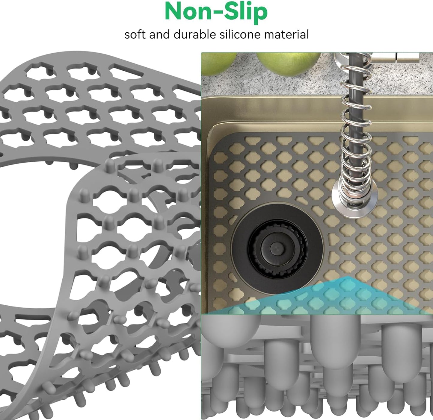 TOOVEM Kitchen Sink Mats, 2PCS Non-Slip Heat Resistant Silicone Sink Protector Mat, Folding Farmhouse Rear Drain Sink Mats, Side Drain, Grey