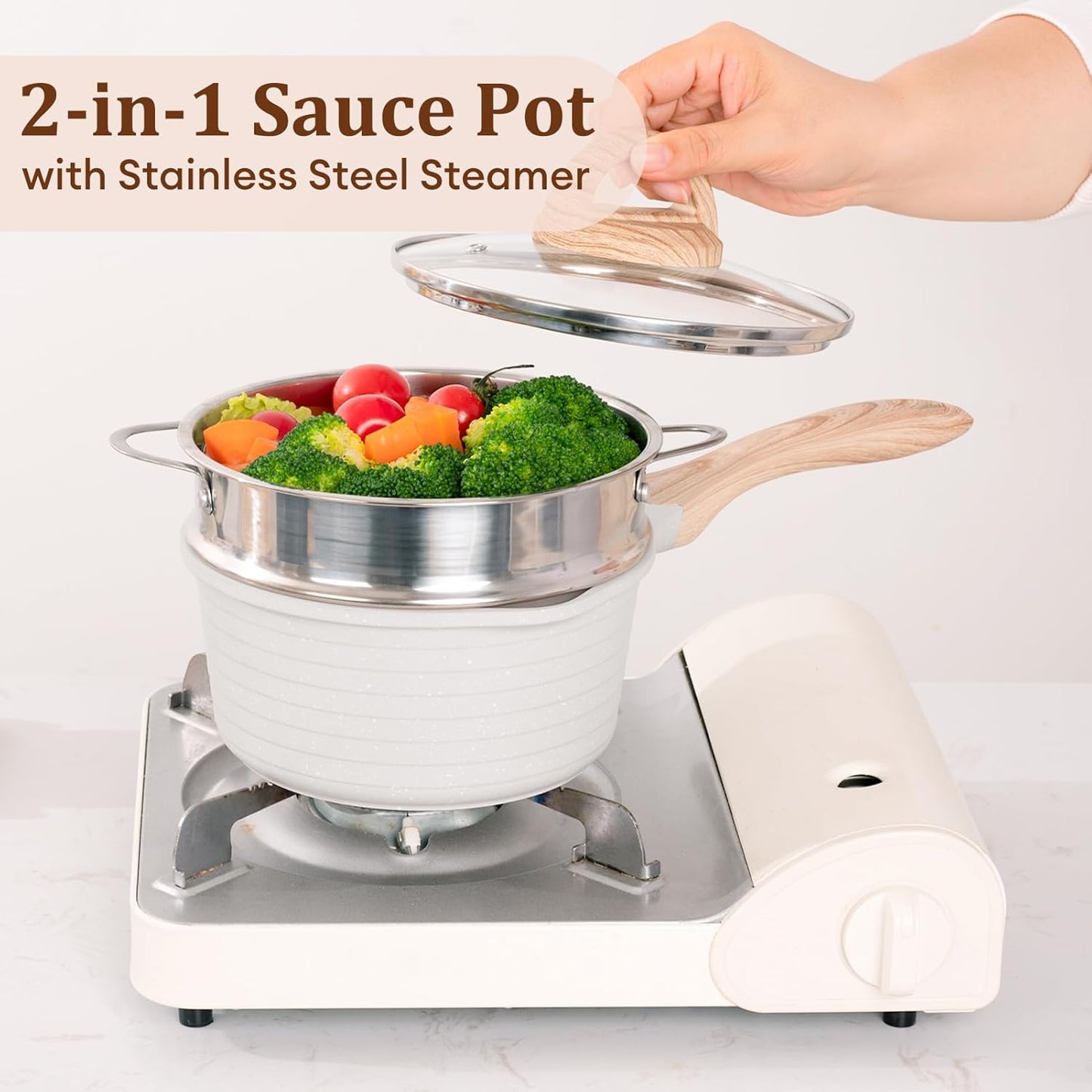 JEETEE 2.5 Quart Saucepan with Steamer Basket, Small Sauce Pot with Lid，Nonstick Coating with Pour Spout, Induction Compatible Cookware Sauce Pan for Cooking, PFOA/PFOS Free