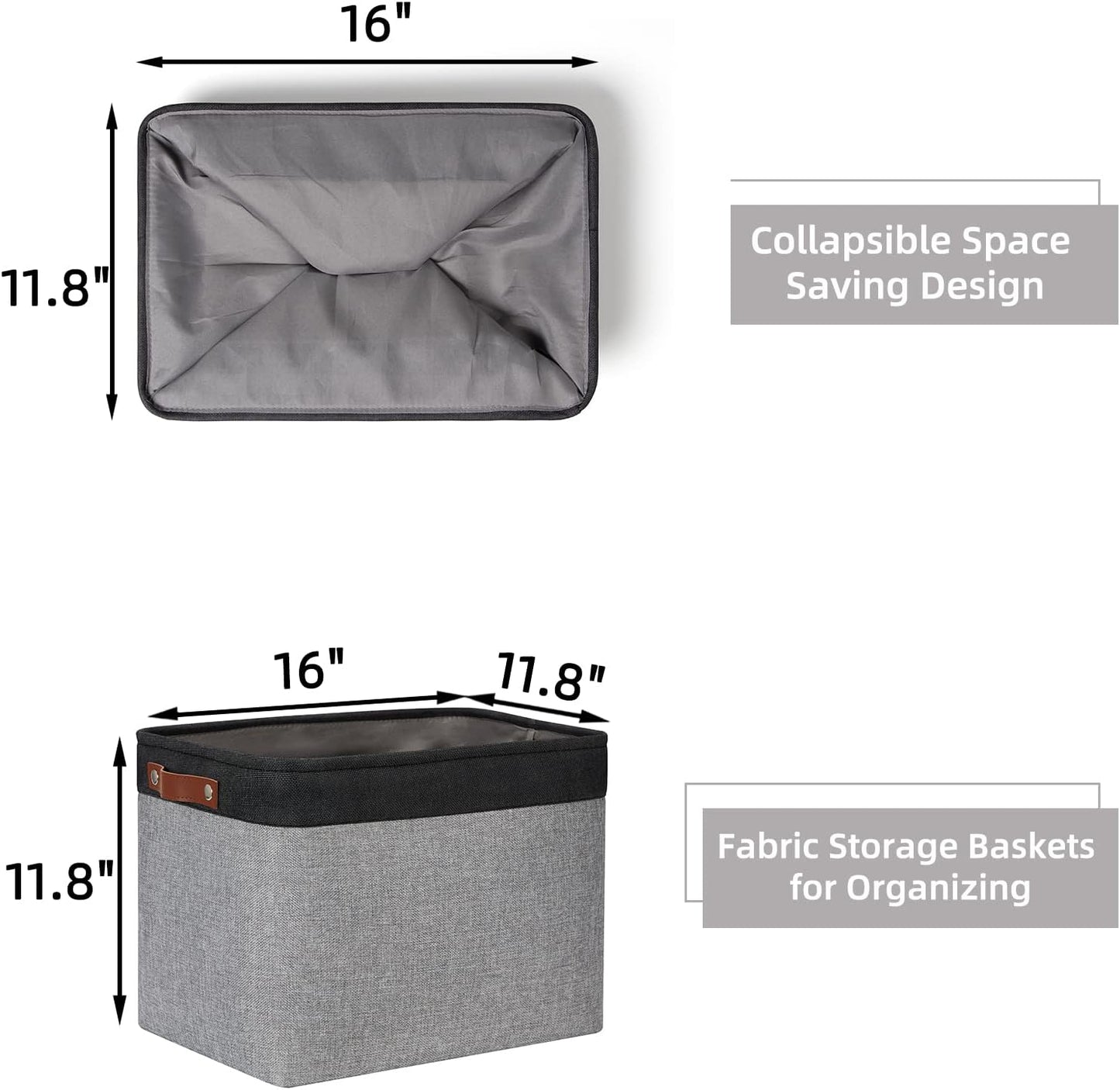 HNZIGE Large Storage Baskets Fabric Cloth Tall Baskets for Shelves[2 Pack] Foldable Organizer Bins 16" X 11.8" X 11.8" Decorative Storage Basket Black Storage Bin for Organizing Closet Toy(Black&Gray)