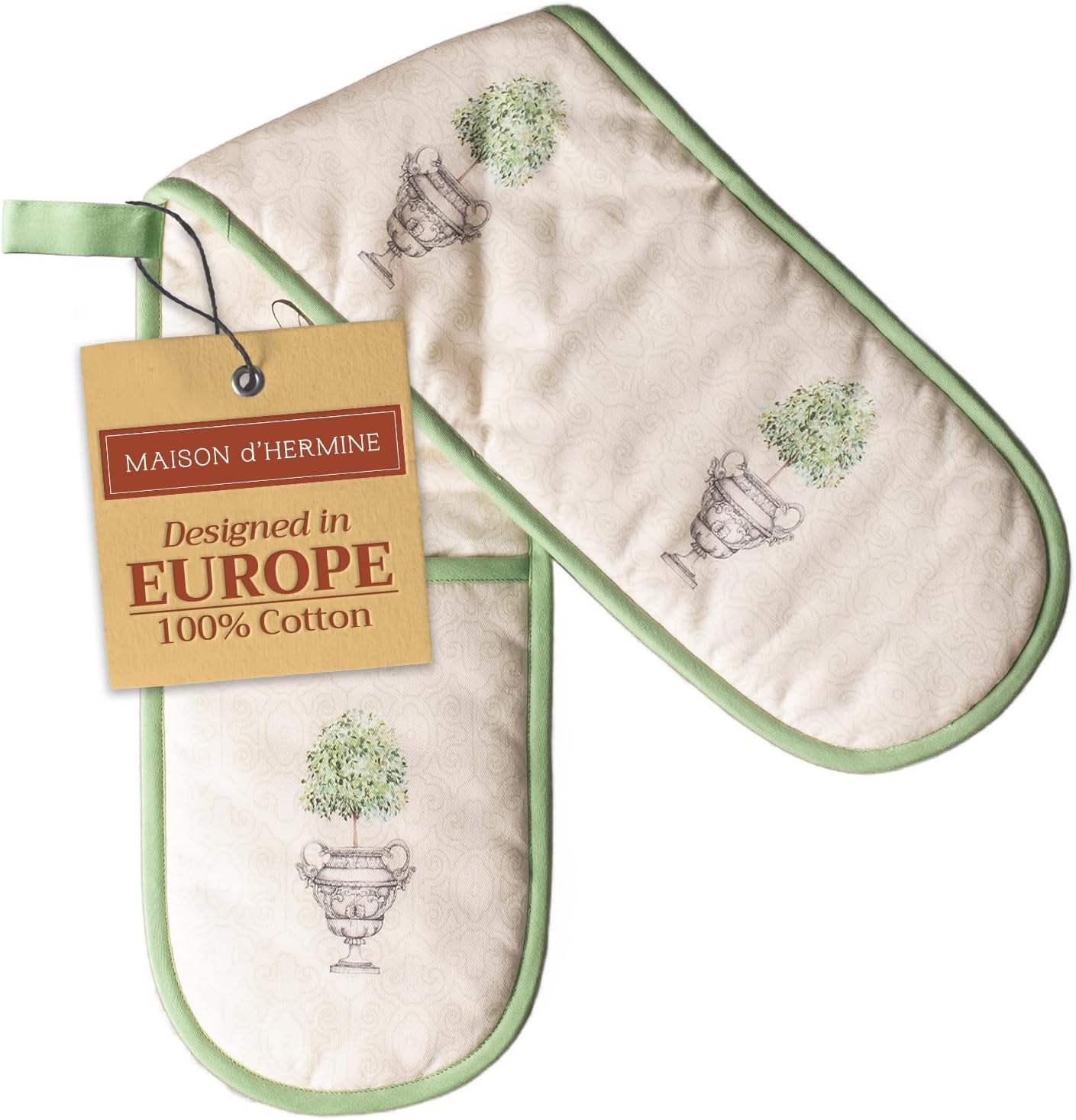 Maison d' Hermine Double Oven Mitts 100% Cotton 7"x35" Double Oven Mitt Heat Resistant BBQ Cooking Gloves with Loop, Baking, Grilling, Home, Kitchen, Handling Hot Pans Spring Summer (Jardin Du Roy)