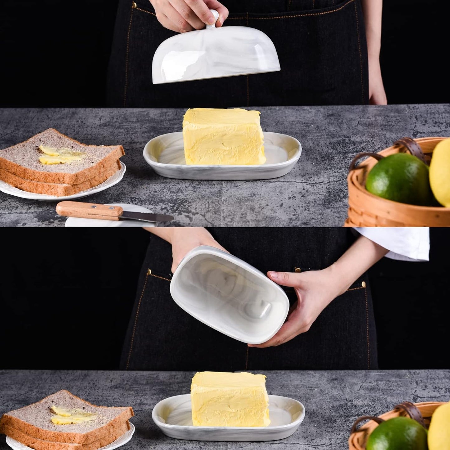 Yundu Grey Marble Butter Dish with Lid, Ceramics Butter Keeper Container, Perfect for East/West Butter