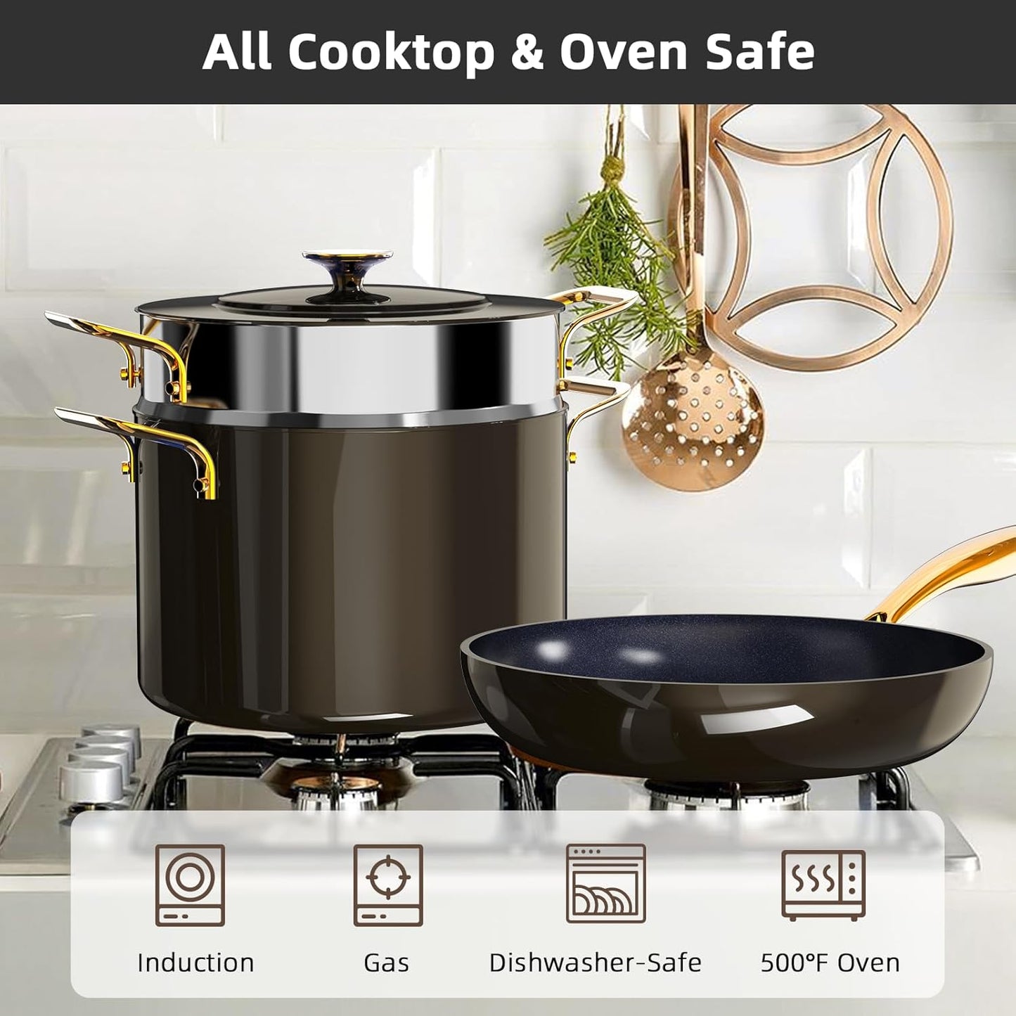 Nuwave Lux LE 13-Pc Cookware Set with Elegant Gold Handle, Diamond Infused Ceramic Non-Stick, PFAS Free, Premium Metal Lids, Ergonomic Stay-Cool Handles, Induction Ready & Compatible w/All Cooktops