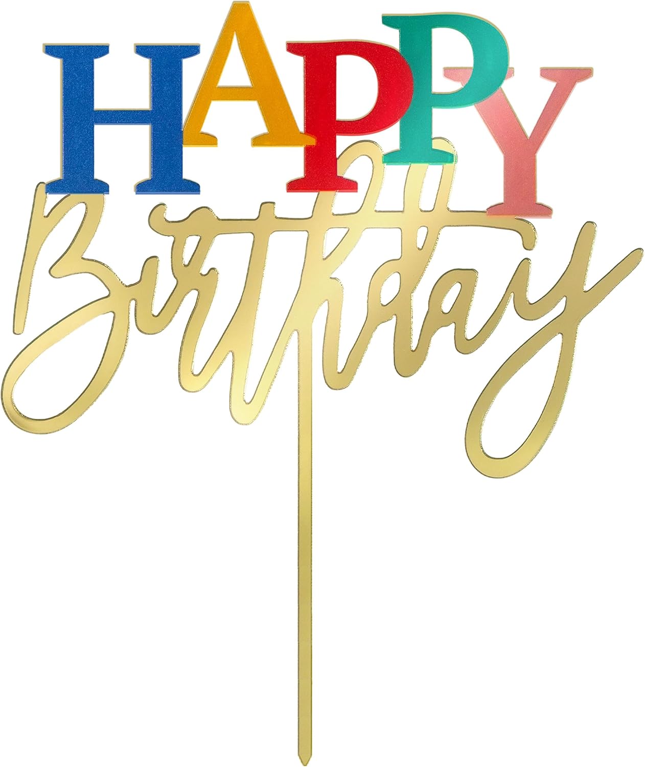 Acrylic Gold Happy Birthday Cake Topper, 7.5" x 6" Rainbow Birthday Cake Decoration (Gold)