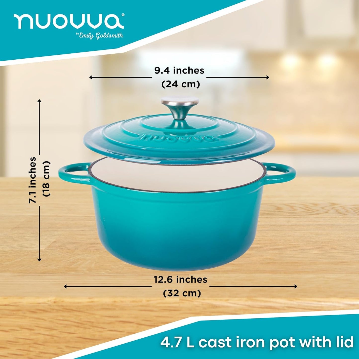 Cast Iron Dutch Oven with Lid – Non-Stick Ovenproof Enamelled Casserole Pot – Sturdy Dutch Oven Cookware – Teal, 5-Quart, 24cm – by Nuovva
