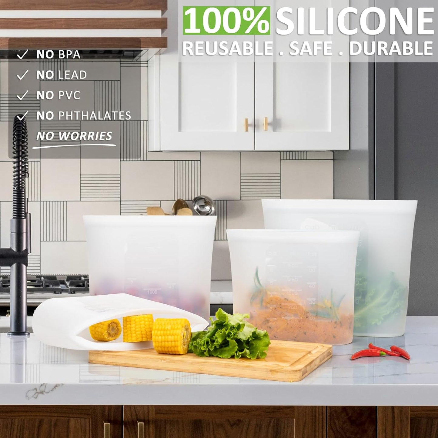 Reusable Storage Bags, Large-Size Set, 12 Pack 100% Silicone Food Storage Bags Stand Up Zip Lock Bags for Food, Freezer Microwave Oven Dishwasher Safe, 4 XL-0.8 Gallon + 4 L + 4 M, Translucent