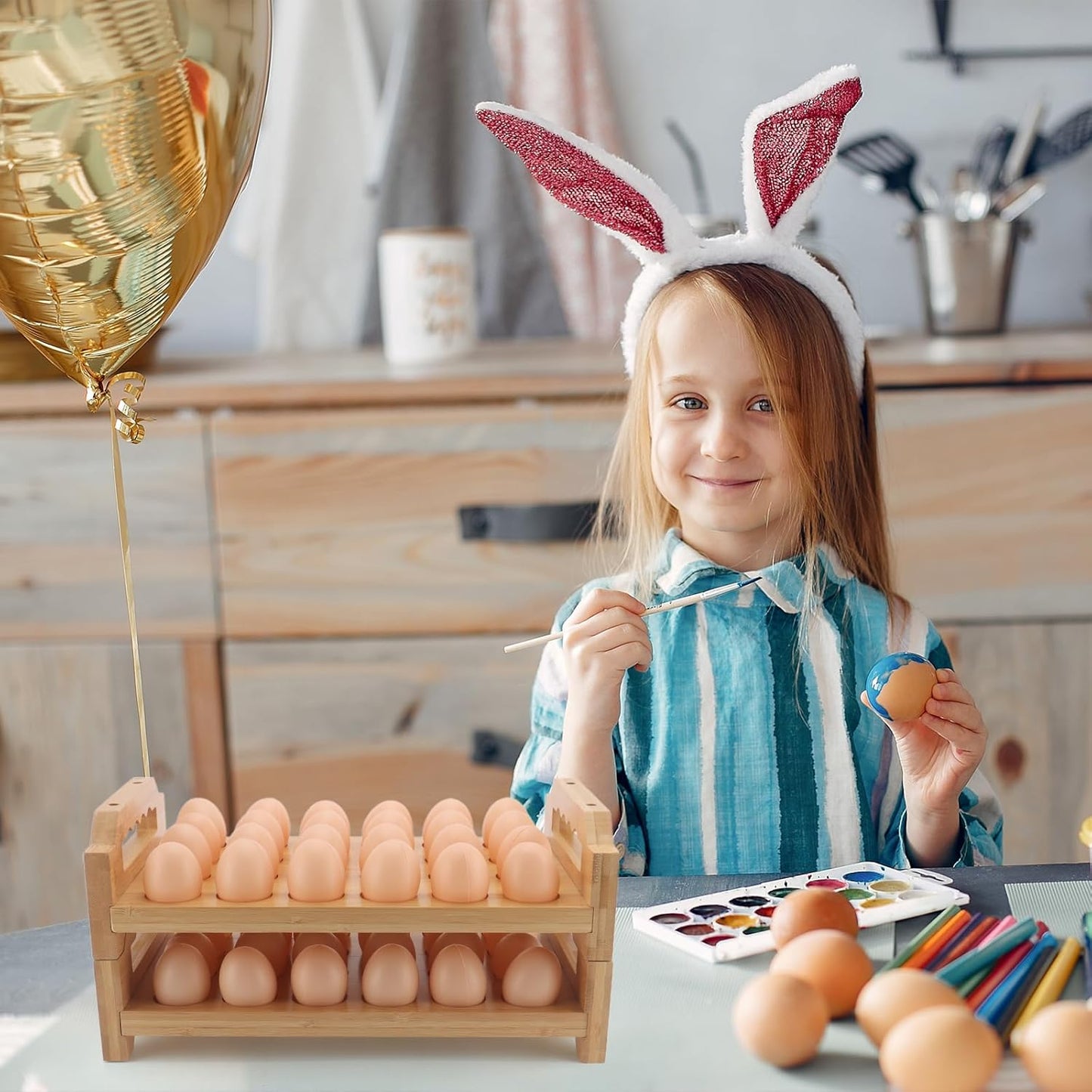 Egg Holder, 2 Tier Egg Holder Countertop, Bamboo Egg Organizer and Storage for Gathering 48 Fresh Eggs, Egg Stackable Stand Rack, Egg Basket for Kitchen Refrigerator Farmhouse