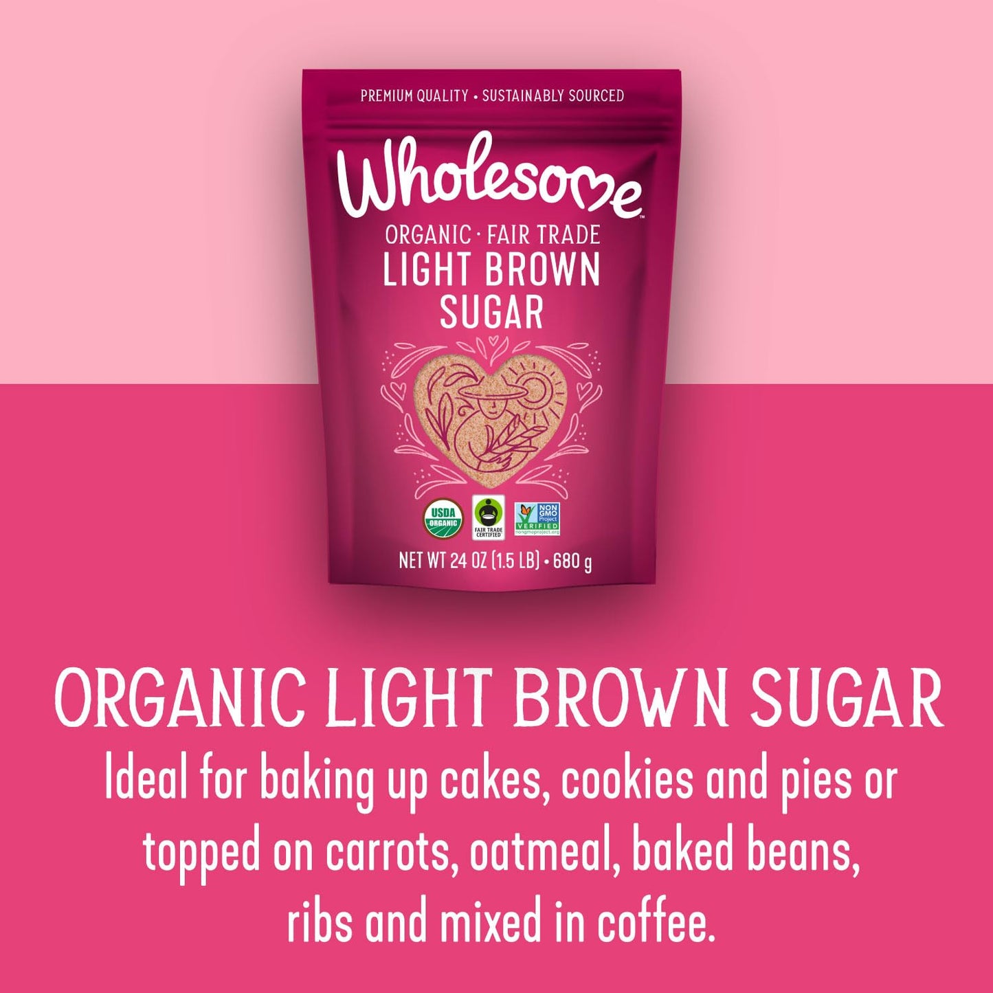 Wholesome Sweeteners 24-Ounce Organic Light Brown Sugar, Fair Trade, Non GMO, Gluten Free & Vegan, Sugar for Baking and Glazing, 1 Pack
