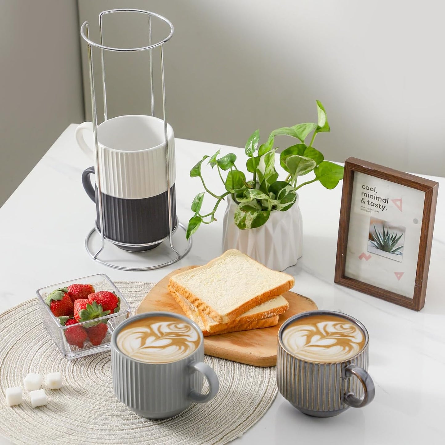 Hasense Large Coffee Mug Set of 4 with Rack - 15 oz Stacking Ceramic Ribbed Latte Cups Set for Cappuccino, Tea, Hot Cocoa, Drinks - Dishwasher & Microwave Safe Assorted Colors