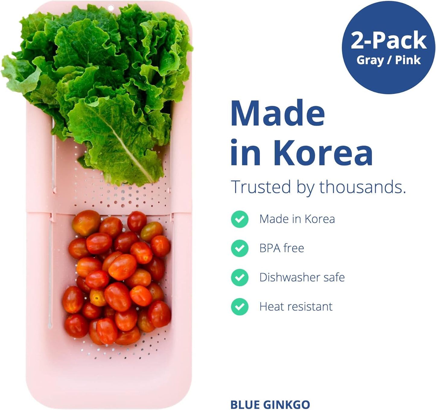 BLUE GINKGO Sink Colander Baskets - (Pack of 2) Wash Vegetables and Fruits, Drain Cooked Pasta and Dry Dishes - Extendable - New Home Kitchen Essentials (Grey & Pink)