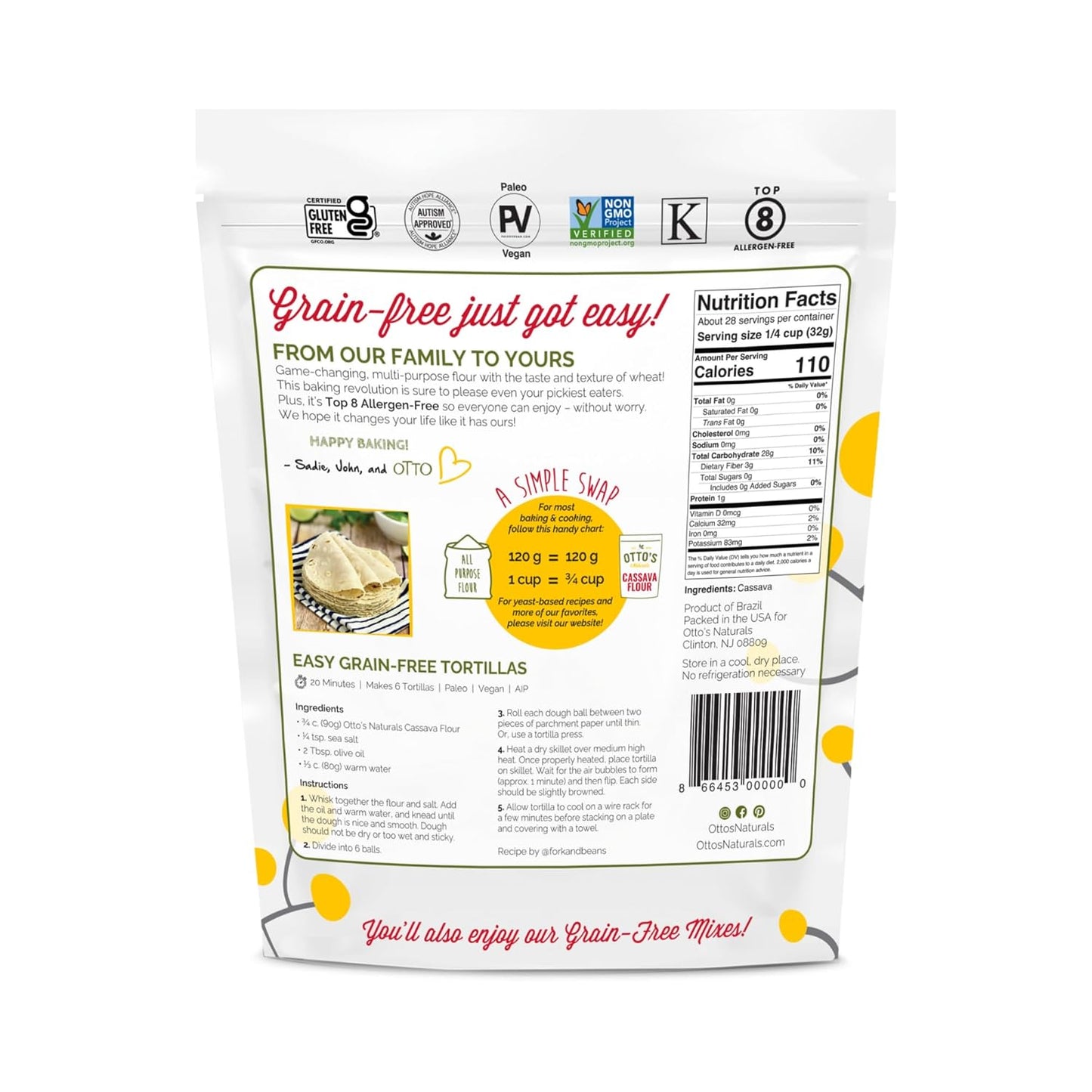 Otto's Naturals Multi-Purpose Cassava Flour, Non-GMO, Gluten-Free, Grain, Nut and Gum-Free, 1-to-1 Wheat Flour Alternative, Paleo, AIP, 2 lb