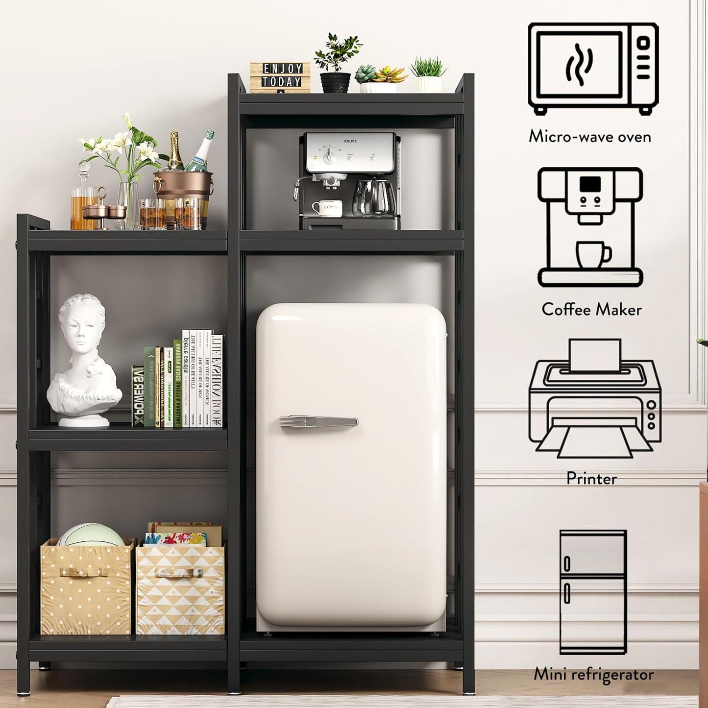 BRIGHTSHOW Kitchen Storage Shelf Bakers Rack, 6-Tier Coffee Bar Table, Kitchen Microwave & Mini Fridge Stand Shelves for Spices, Pots and Pans (52 x 40 x 17.5inch) (Black Wooden no Wheels)