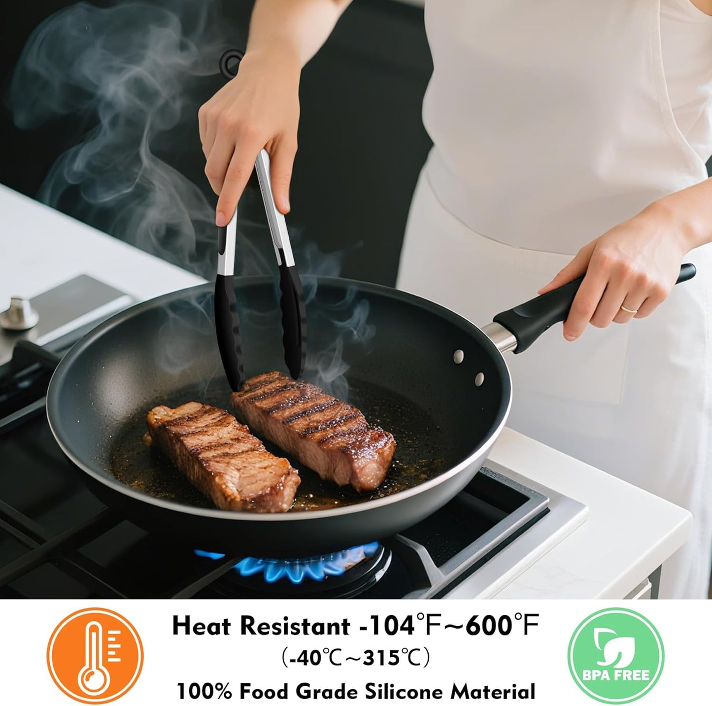 Hotec Silicone Kitchen Tongs for Cooking 9-Inch Serving Tongs with Silicone Tips, Set of 3 (Black Grey Khaki)