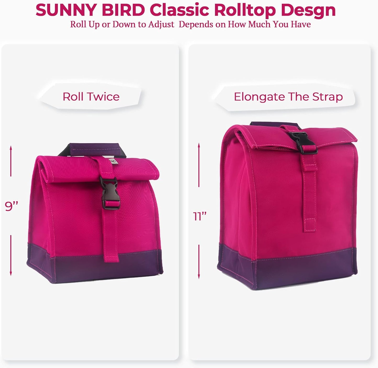 SUNNY BIRD Insulated Lunch Bag Rolltop Lunch Box Tote Lunchbox Bag for Women, Girls, Teens and Kids (Purple)