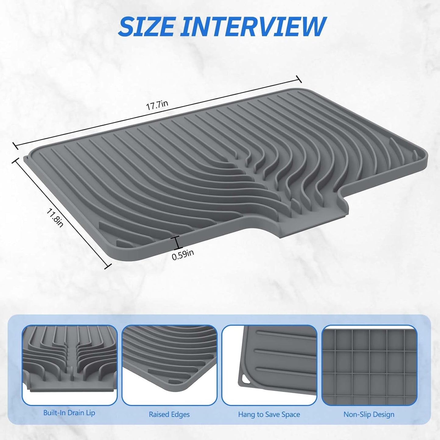 Silicone Dish Drying Mat for Kitchen Counter with Built-in Drain, Easy Clean Pad for Countertop Protection, Fast Self-Draining Slope, Non-Slip, Multiple Use 17.7 x 11.8 Inch (Grey)