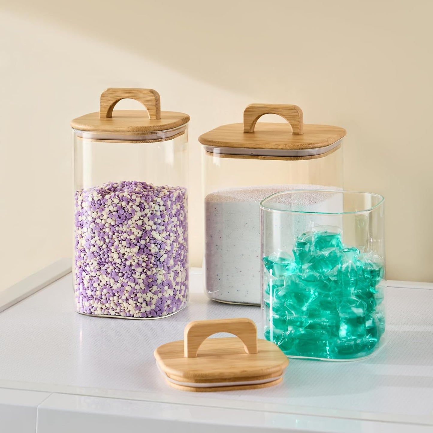 Sweejar 3 qt Glass Jars for Laundry Room Organization, 96 oz Laundry Pods Container, Glass Food Storage Jars with Airtight Lid, 2 Pack, Hand Lid