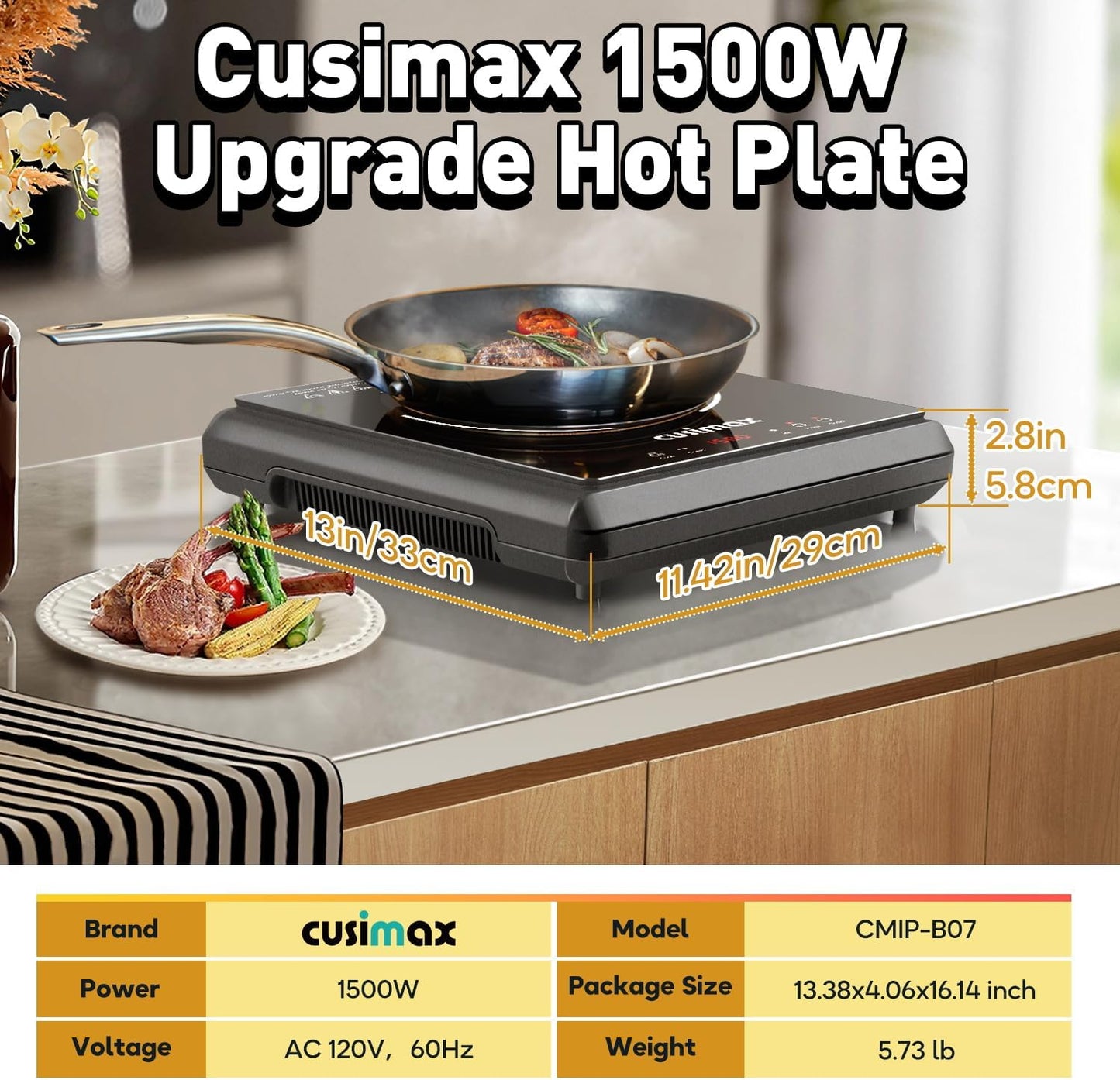 CUSIMAX 1500W Hot Plate, Portable Infrared Electric Stove for Home with 7 Speed,Ceramic Countertop Stove Sensor Touch,Kids Safety Lock and Timer,Compatible for All Cookwares