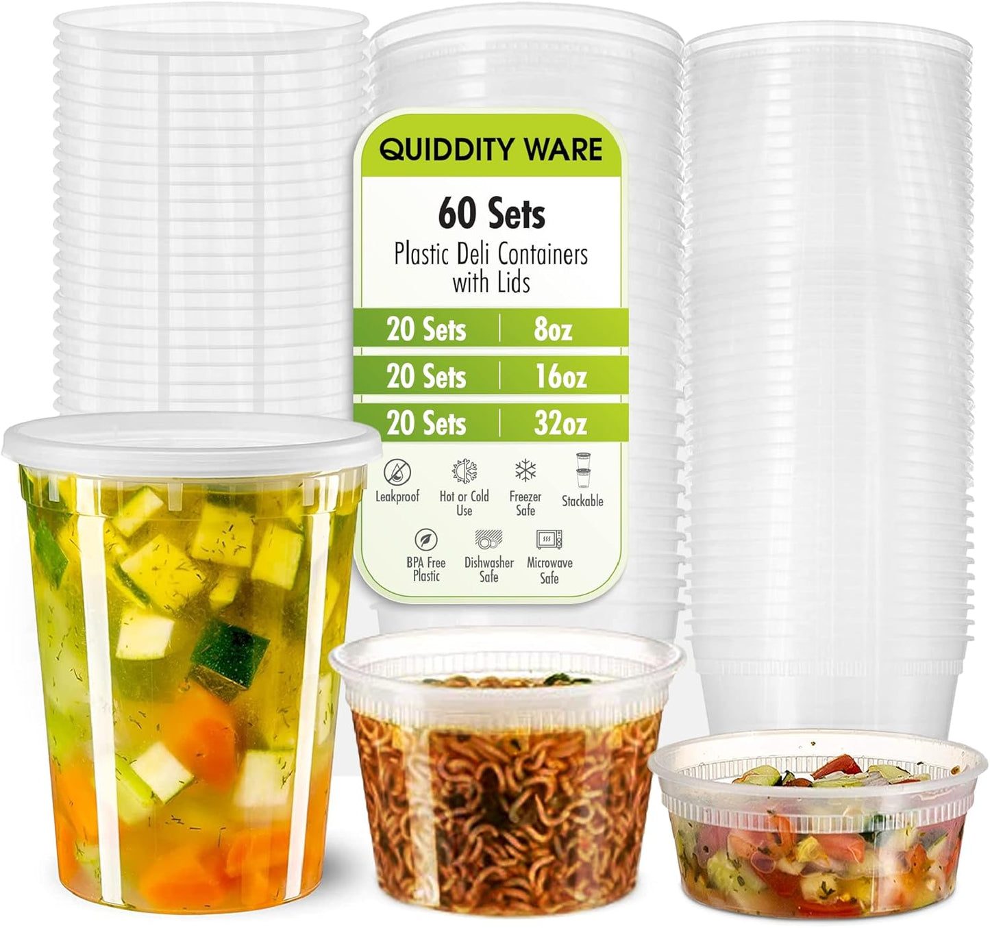 Deli Containers with Leakproof Lids-60 Sets [ 20sets-8oz, 20sets-16oz, 20sets-32oz] BPA-Free Plastic Microwaveable Clear Food Storage Container Premium Heavy-Duty, Freezer & Dishwasher Safe…